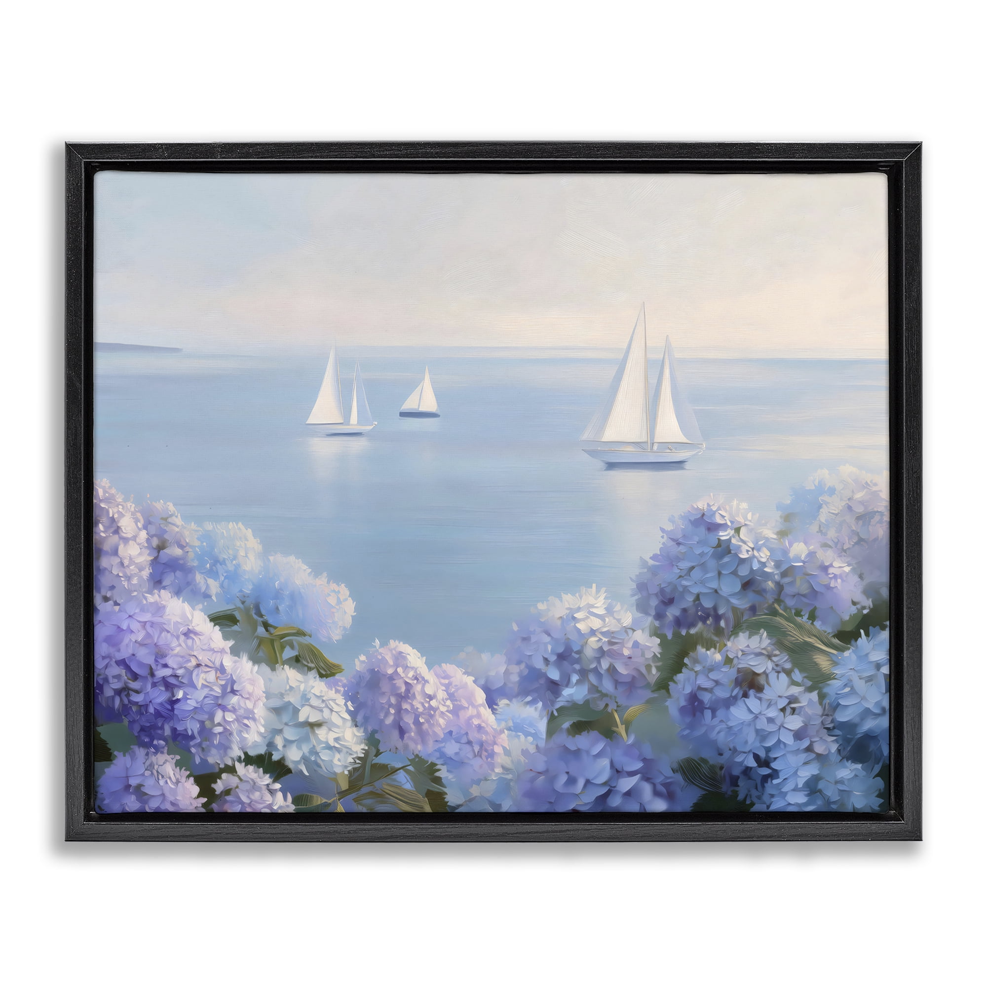 Stupell Industries Sailboats & Hydrangeas at Sea Black Framed Floater Canvas Wall Art, design by LSR Design Studio