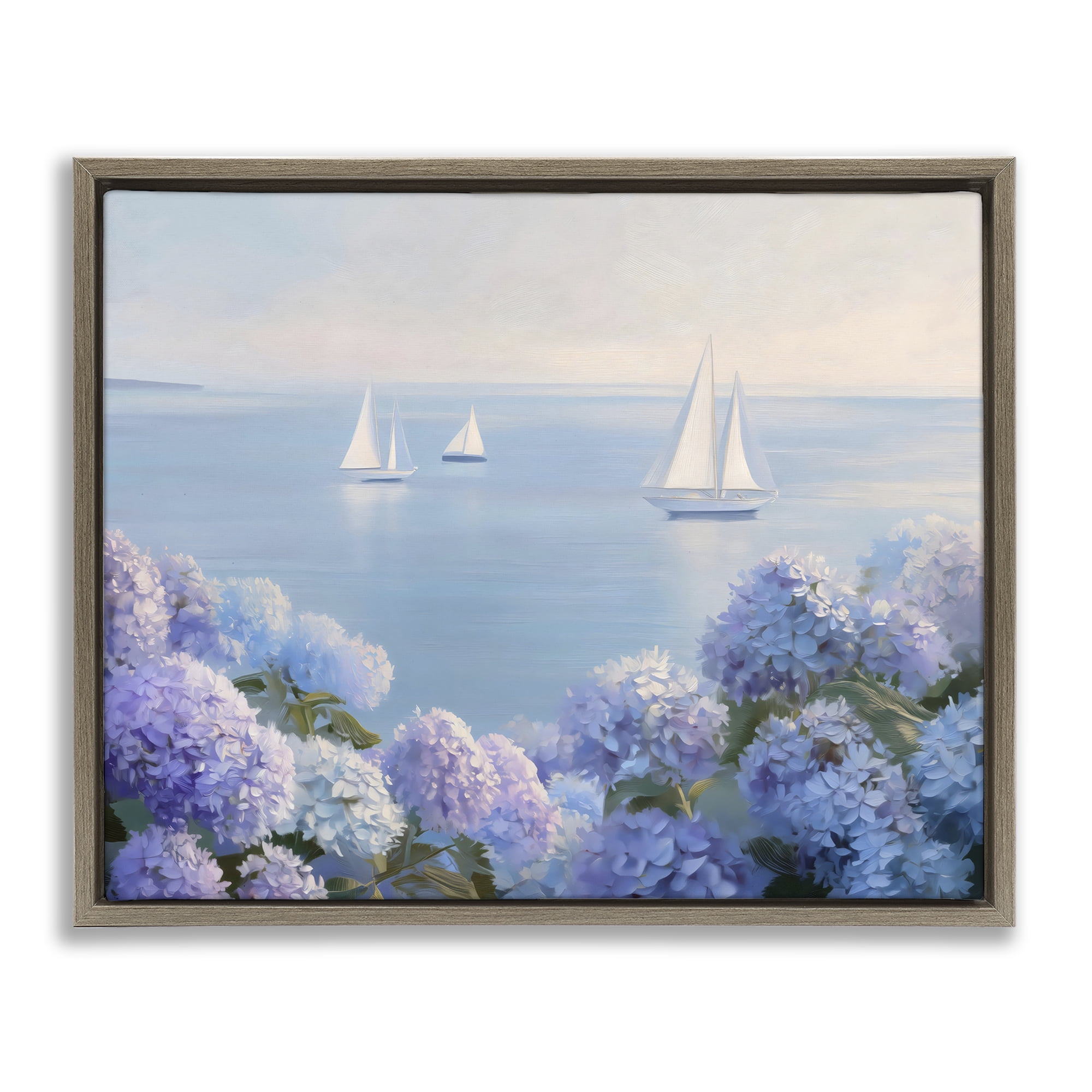 Stupell Industries Sailboats & Hydrangeas at Sea Brown Framed Floater Canvas Wall Art, design by LSR Design Studio