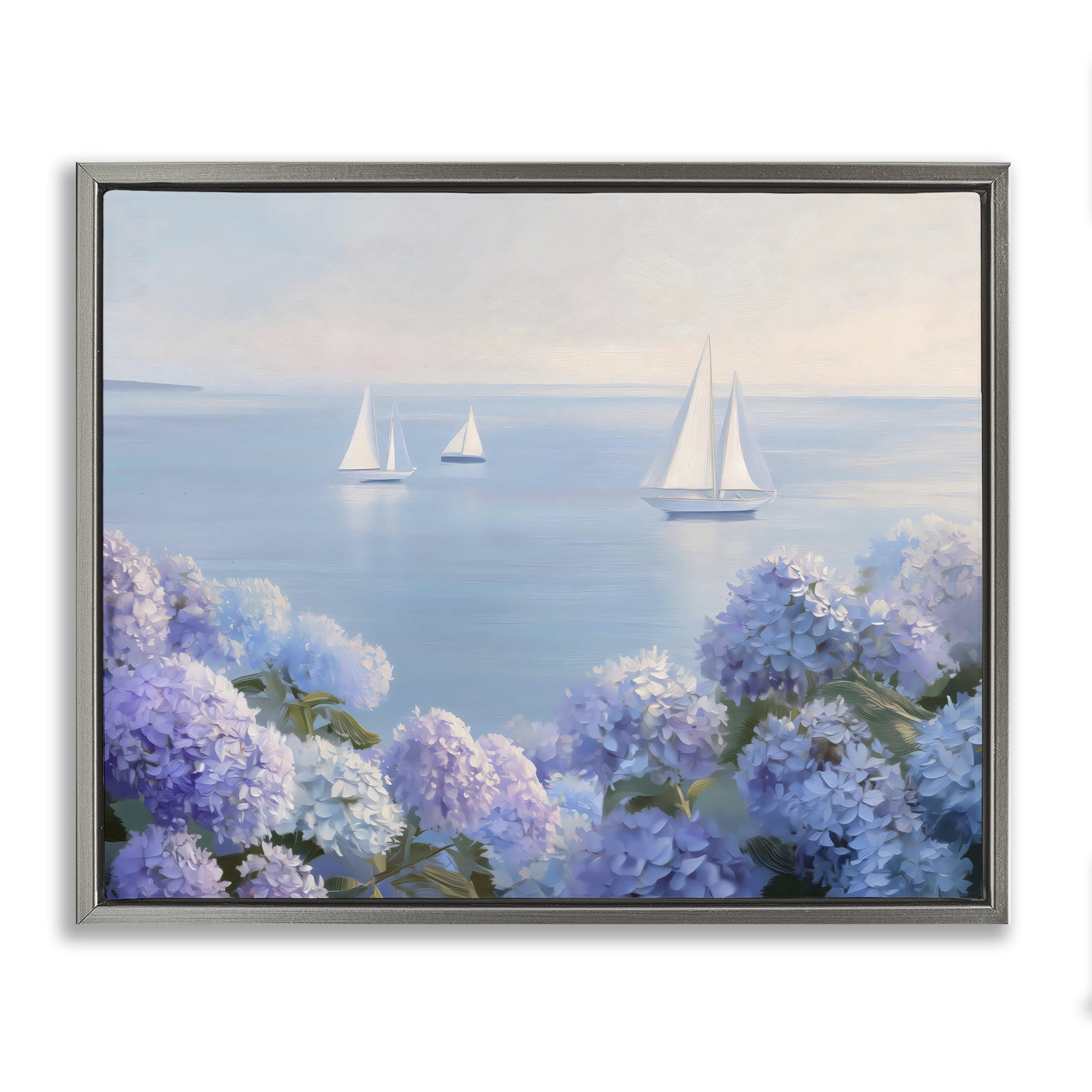 Stupell Industries Sailboats & Hydrangeas at Sea Gray Framed Floater Canvas Wall Art, design by LSR Design Studio
