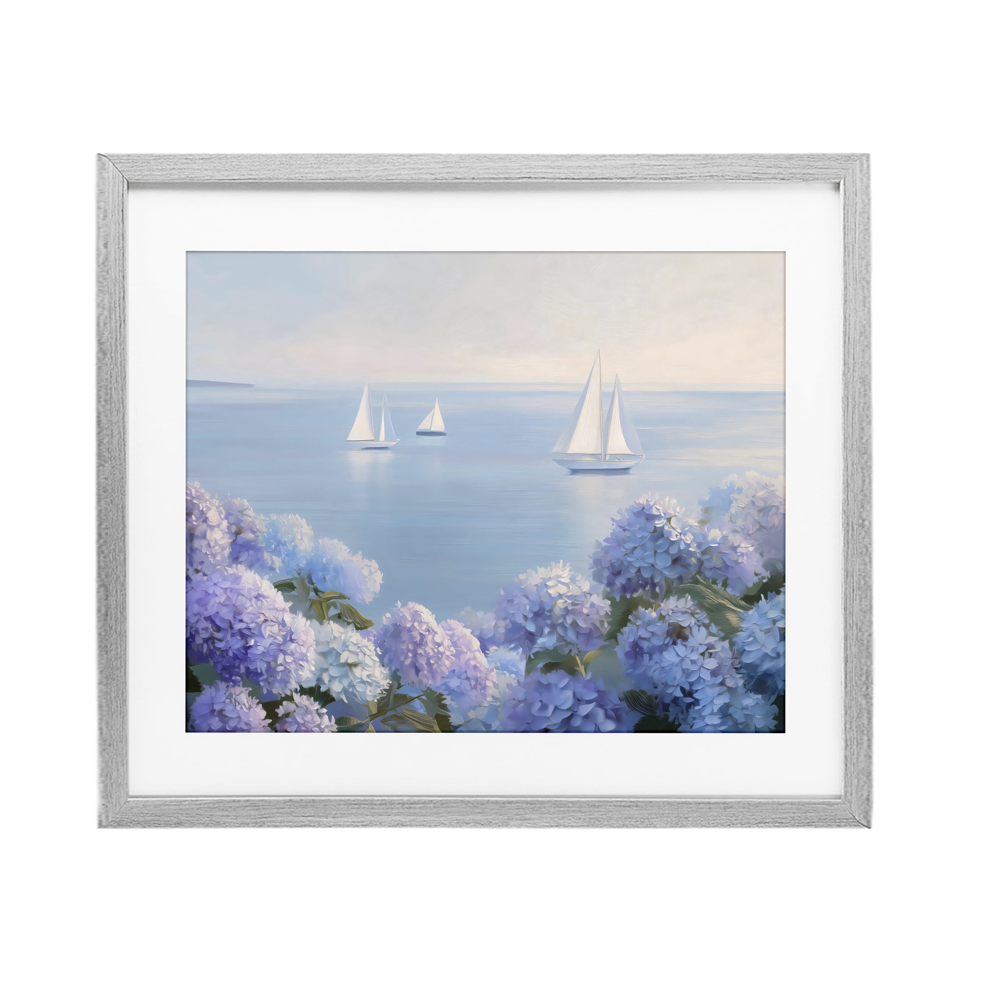 Stupell Industries Sailboats & Hydrangeas at Sea Gray Framed Print Under Glass, design by LSR Design Studio