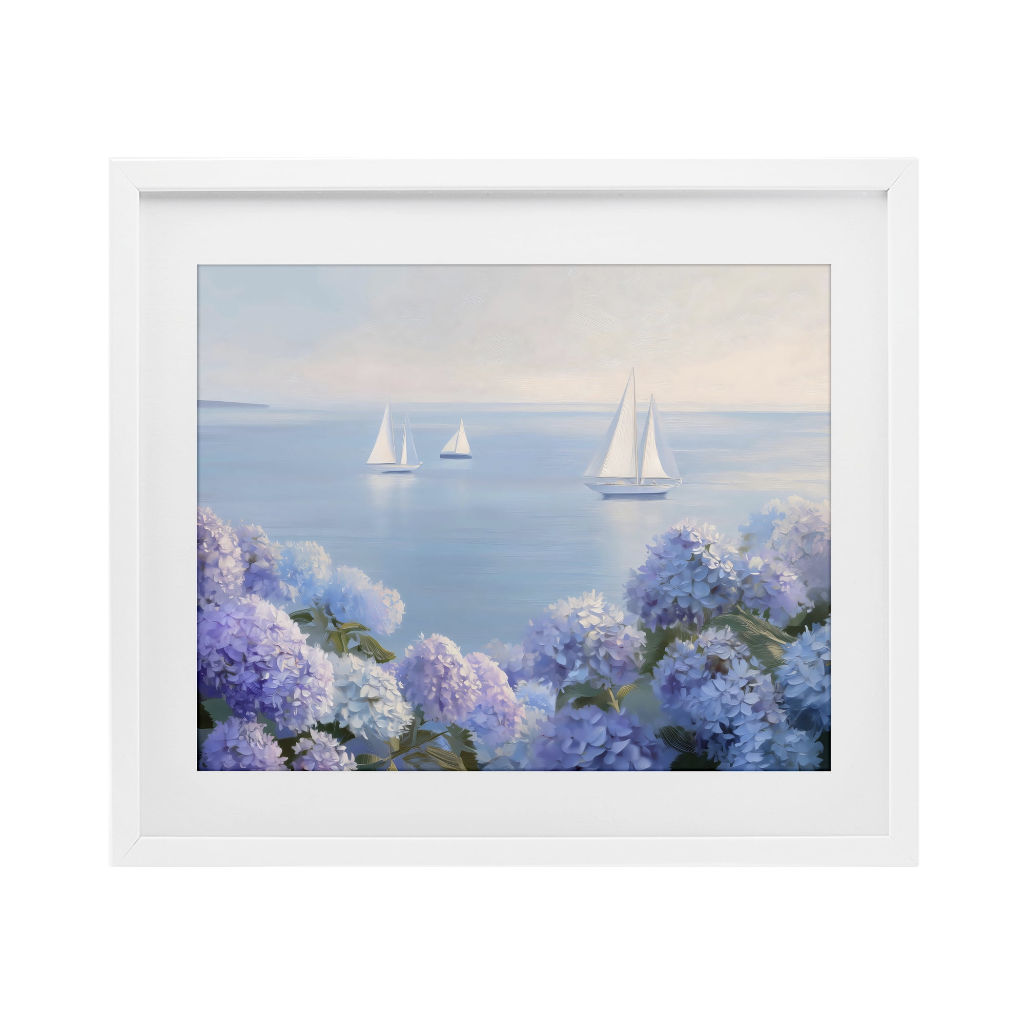 Stupell Industries Sailboats & Hydrangeas at Sea White Framed Print Under Glass, design by LSR Design Studio