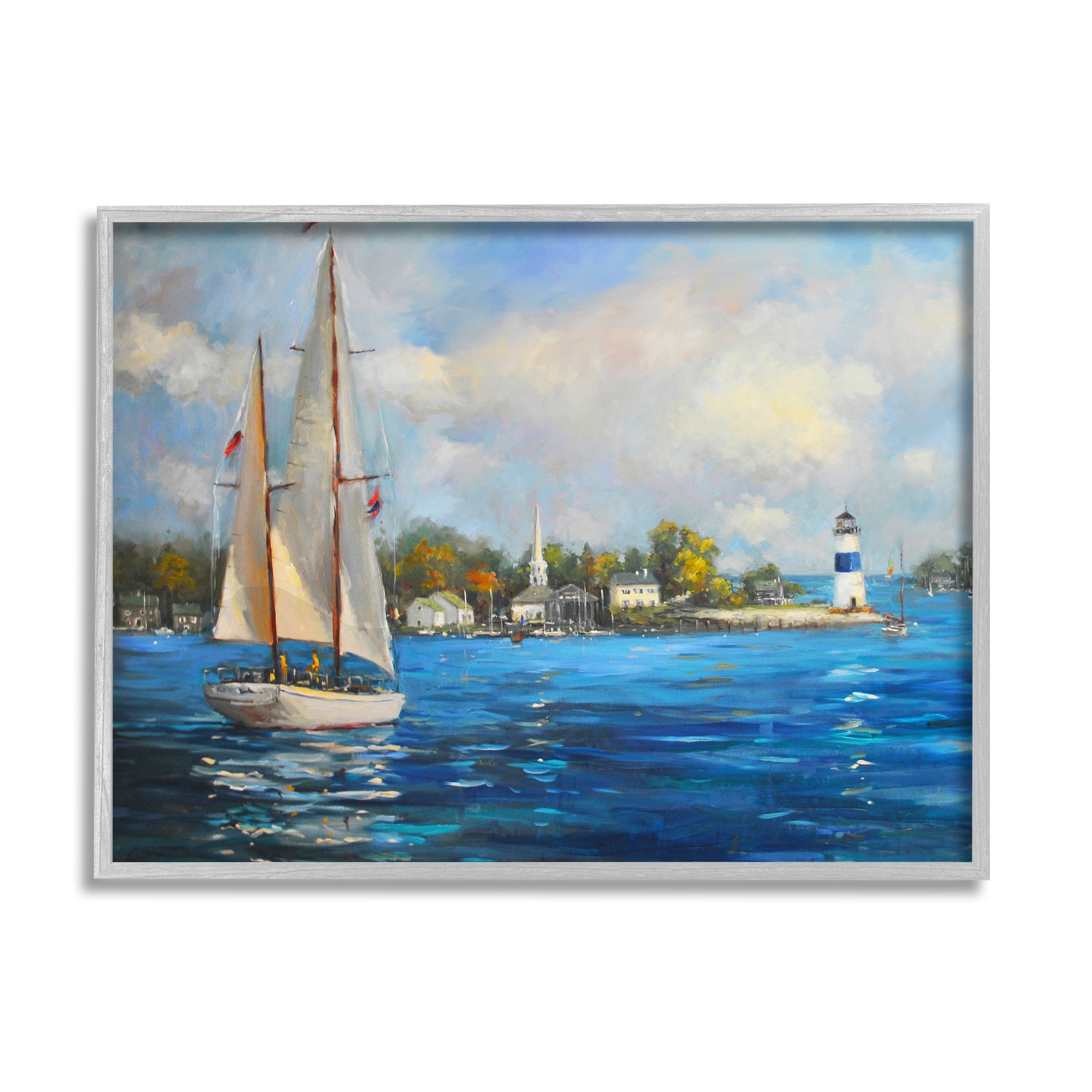 Stupell Industries Sailboats Ocean Landscape Transportation Painting Gray Framed Art Print Wall Art, 14 x 11