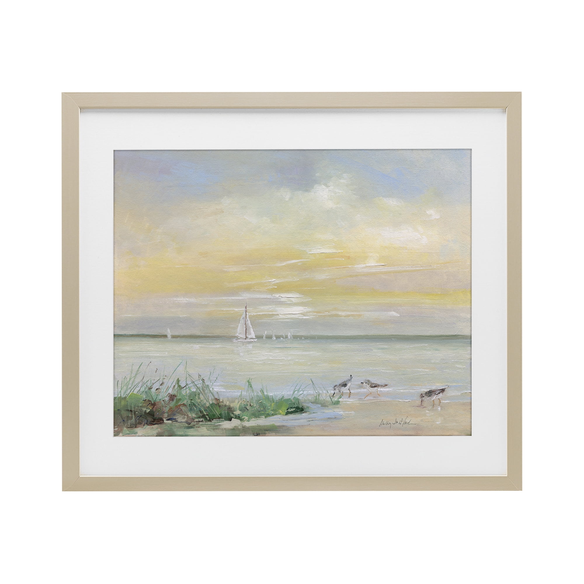 Stupell Industries Sailboats & Sanderlings Shore Birch Framed Print Under Glass, design by Sally Swatland