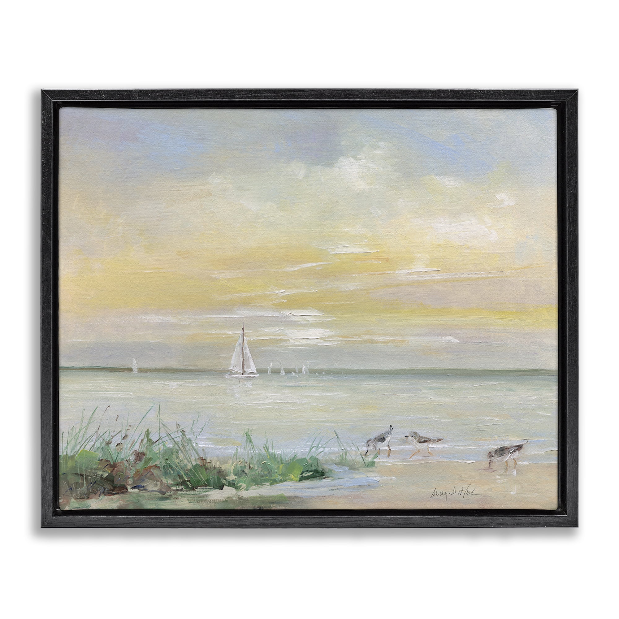 Stupell Industries Sailboats & Sanderlings Shore Black Framed Floater Canvas Wall Art, design by Sally Swatland