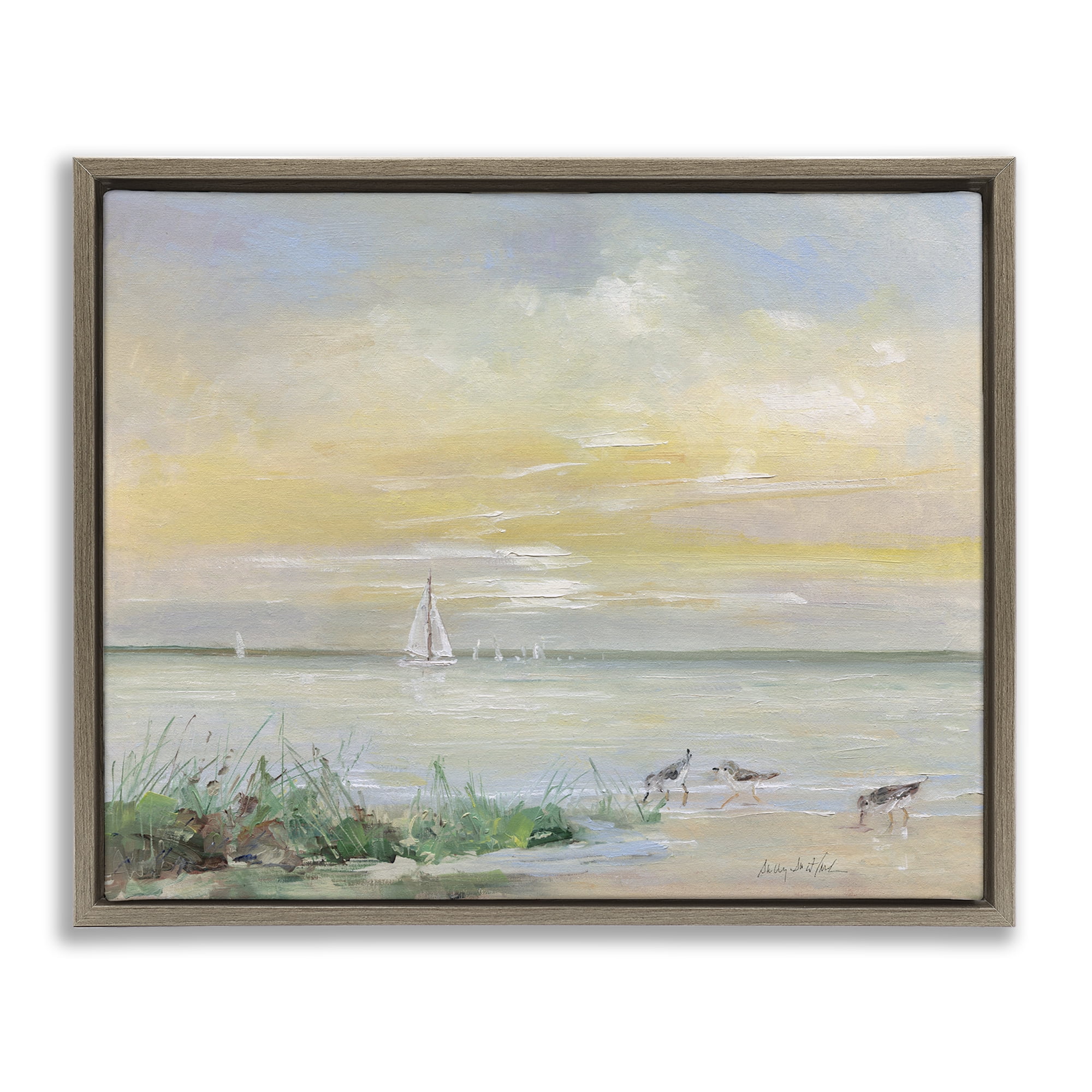 Stupell Industries Sailboats & Sanderlings Shore Brown Framed Floater Canvas Wall Art, design by Sally Swatland
