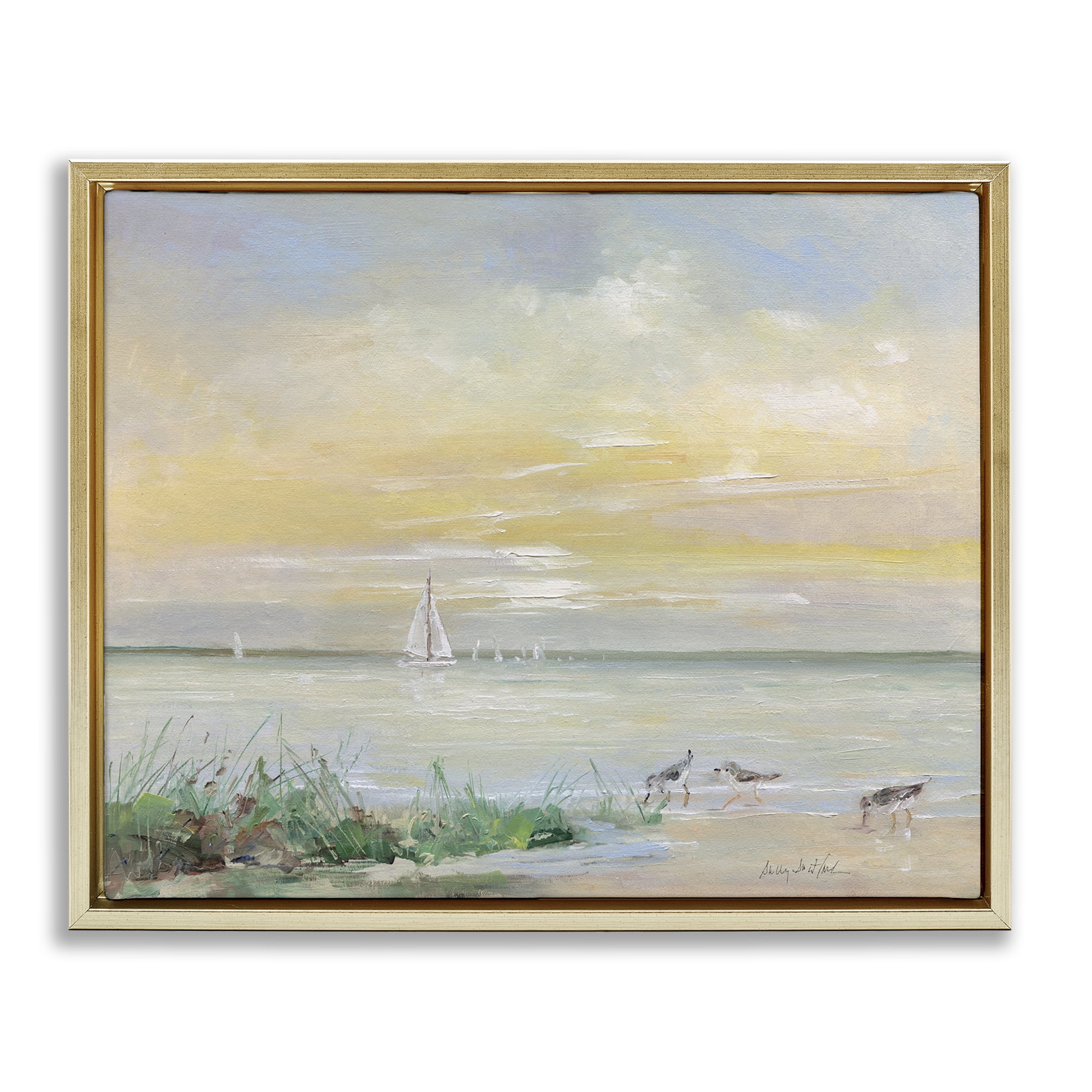 Stupell Industries Sailboats & Sanderlings Shore Gold Framed Floater Canvas Wall Art, design by Sally Swatland
