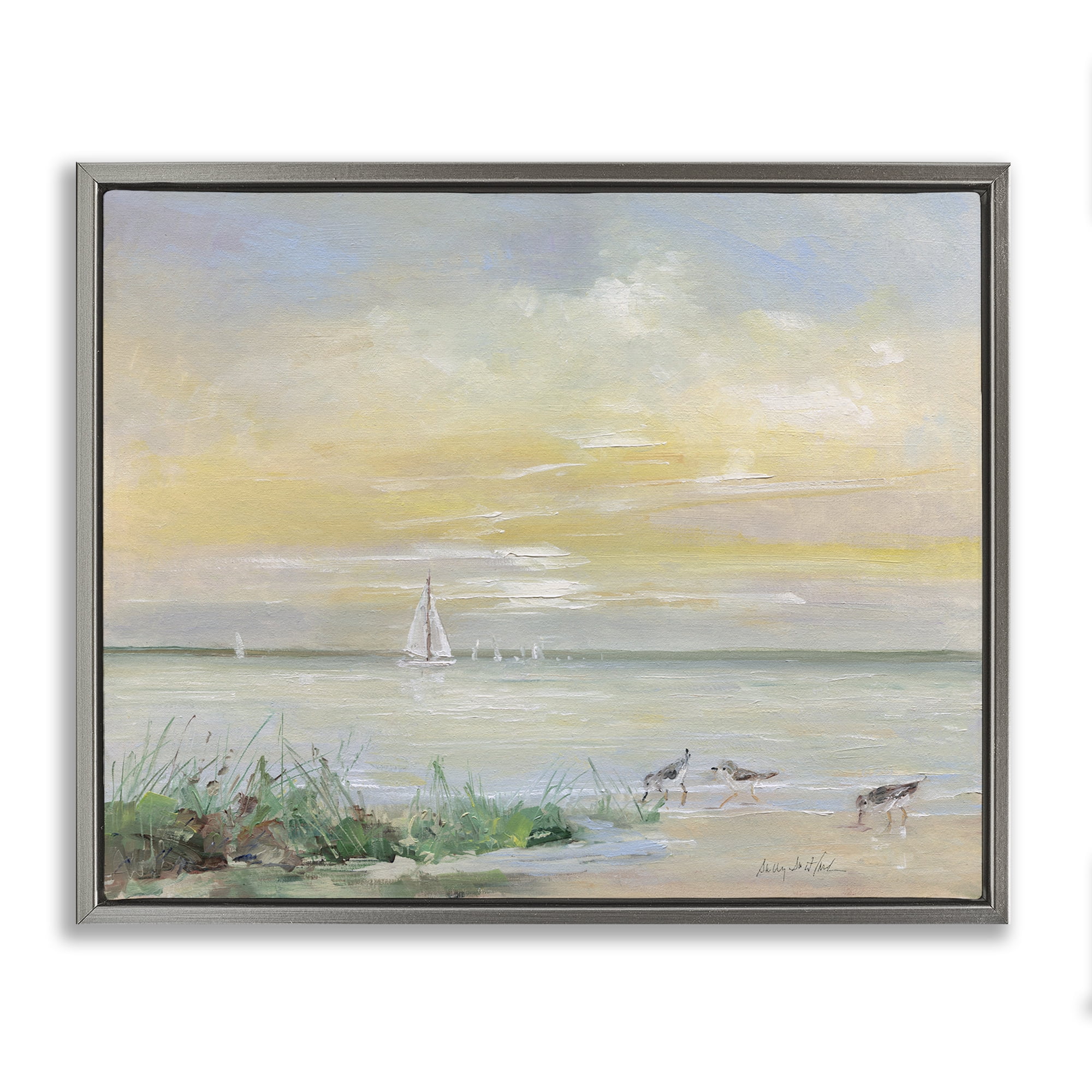 Stupell Industries Sailboats & Sanderlings Shore Gray Framed Floater Canvas Wall Art, design by Sally Swatland