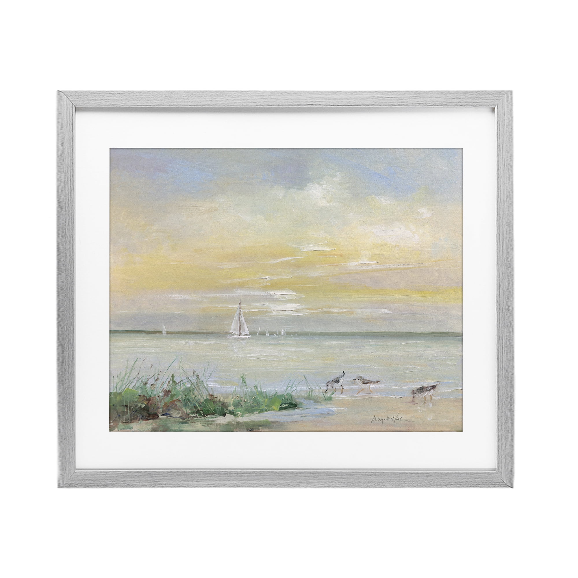 Stupell Industries Sailboats & Sanderlings Shore Gray Framed Print Under Glass, design by Sally Swatland