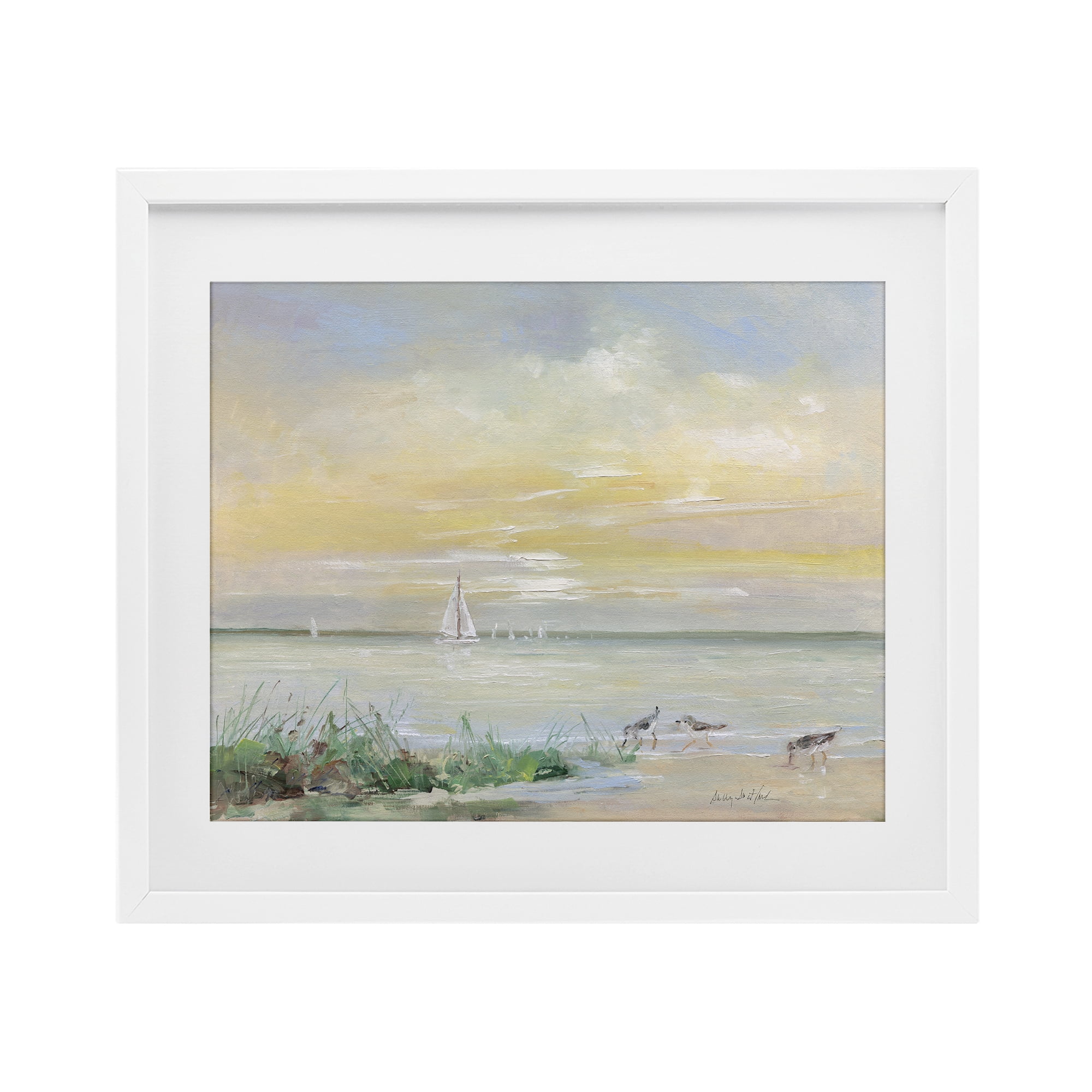 Stupell Industries Sailboats & Sanderlings Shore White Framed Print Under Glass, design by Sally Swatland