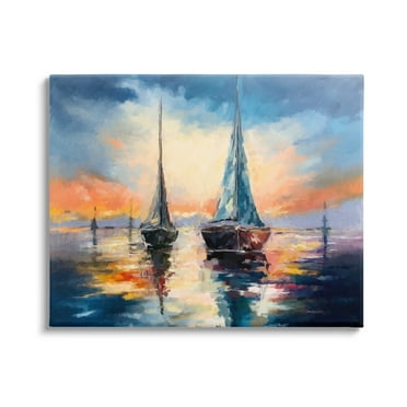 Stupell Industries Sailboats and Ocean Sunset Transportation Painting Gallery Wrapped Canvas Print Wall Art, 20 x 16
