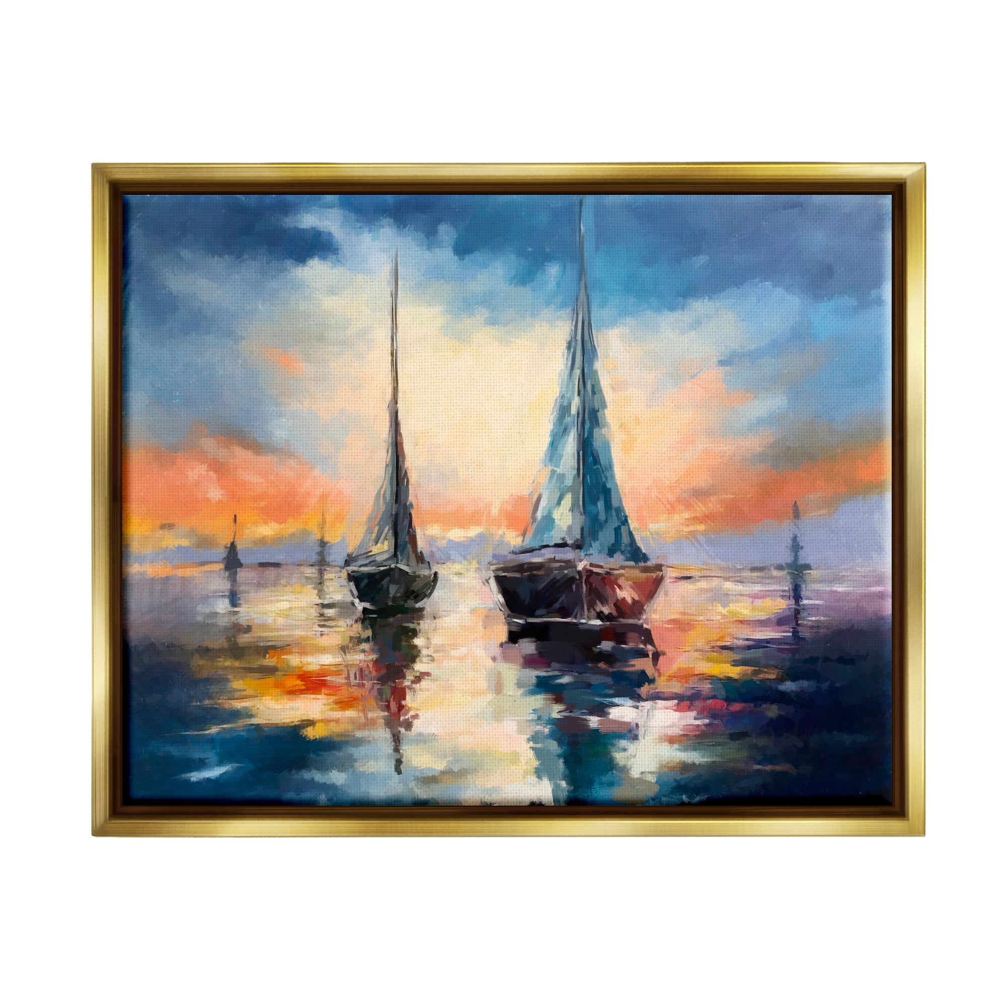 Stupell Industries Sailboats and Ocean Sunset Transportation Painting Gold Floater Framed Art Print Wall Art, 21 x 17