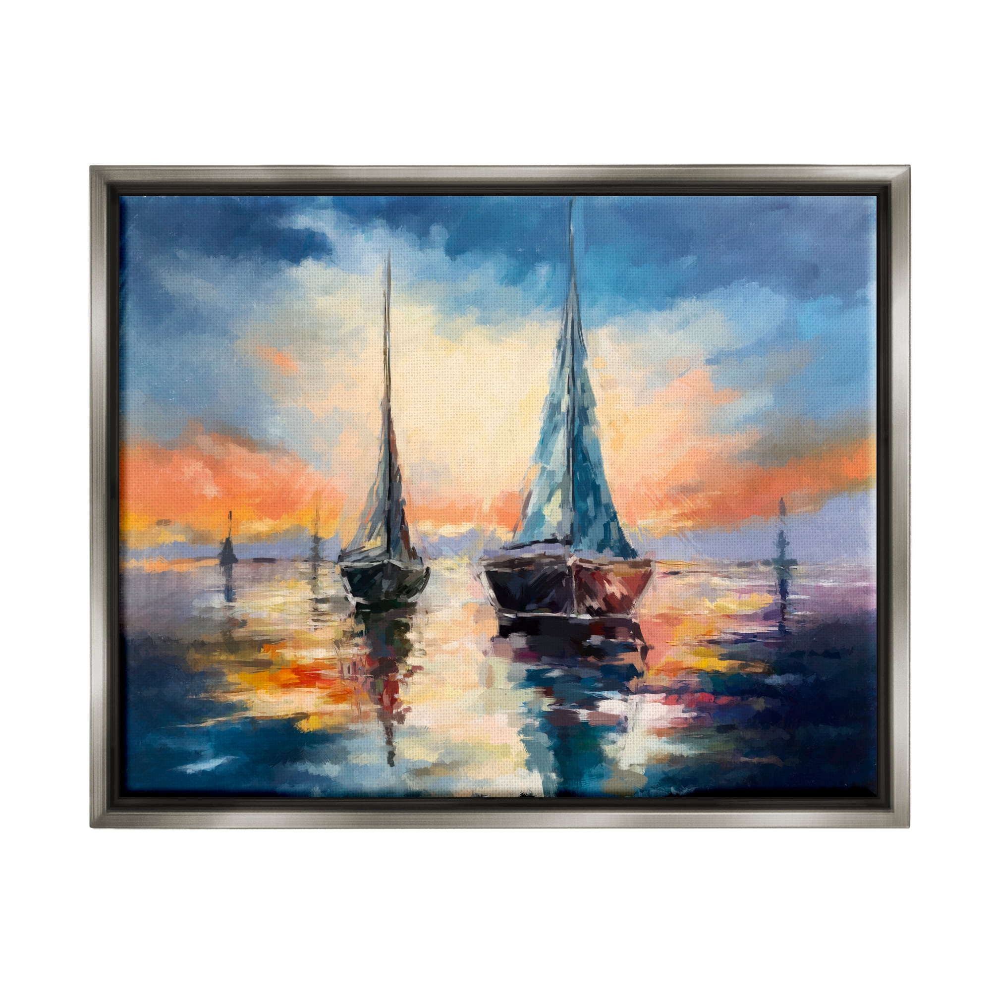 Stupell Industries Sailboats and Ocean Sunset Transportation Painting Gray Floater Framed Art Print Wall Art, 31 x 25
