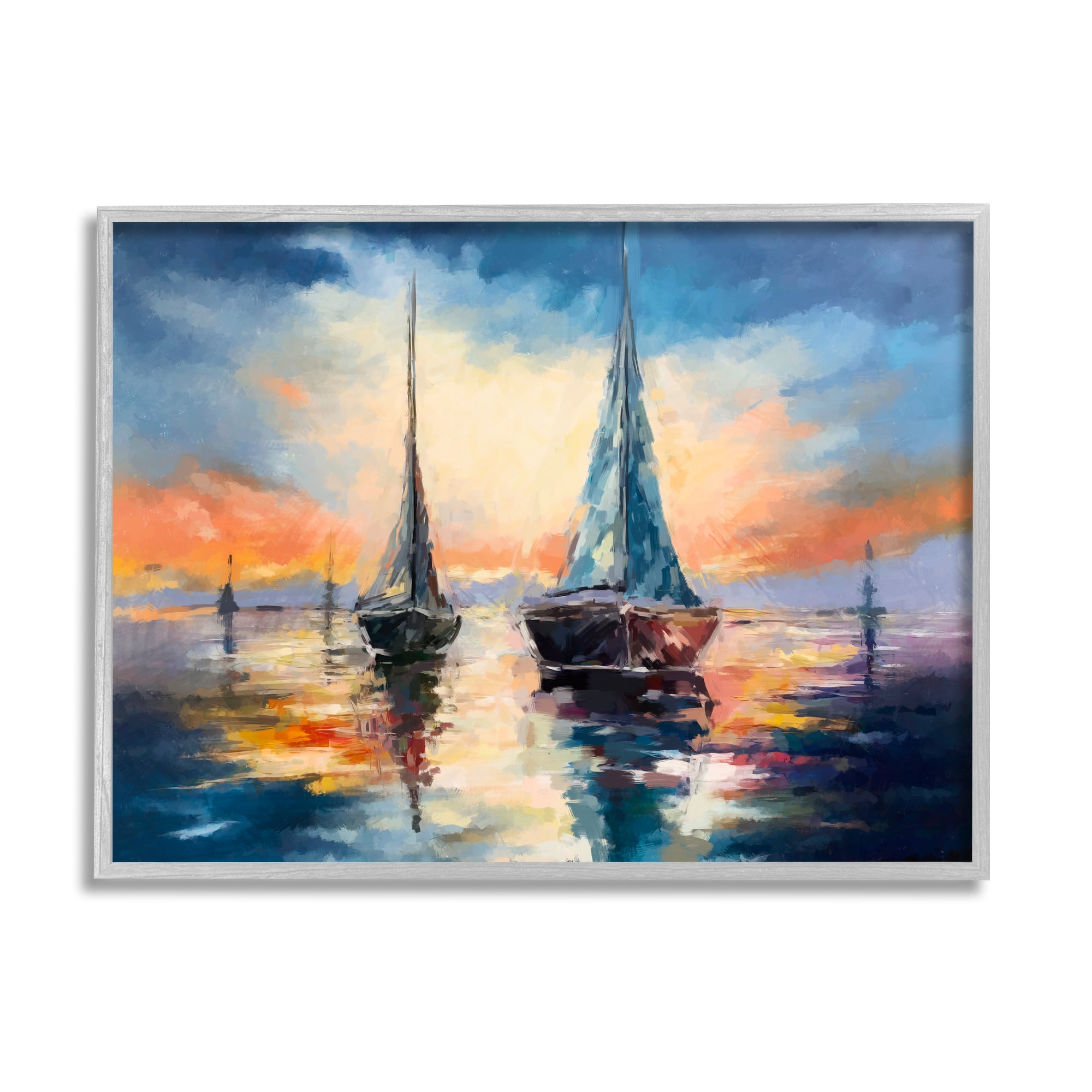 Stupell Industries Sailboats and Ocean Sunset Transportation Painting Gray Framed Art Print Wall Art, 14 x 11