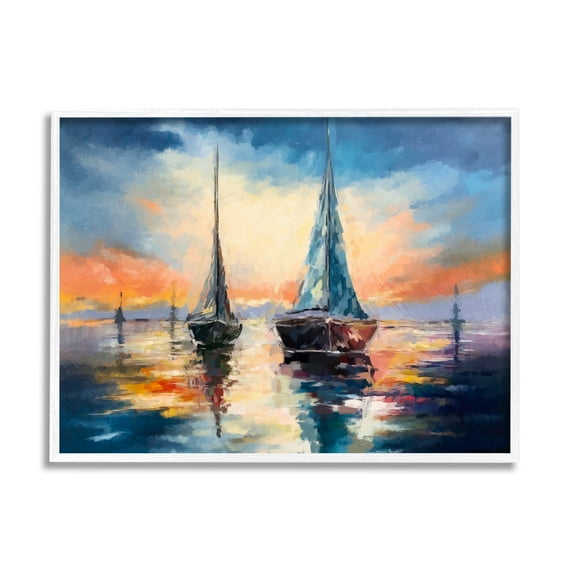 Stupell Industries Sailboats and Ocean Sunset Transportation Painting White Framed Art Print Wall Art, 30 x 24