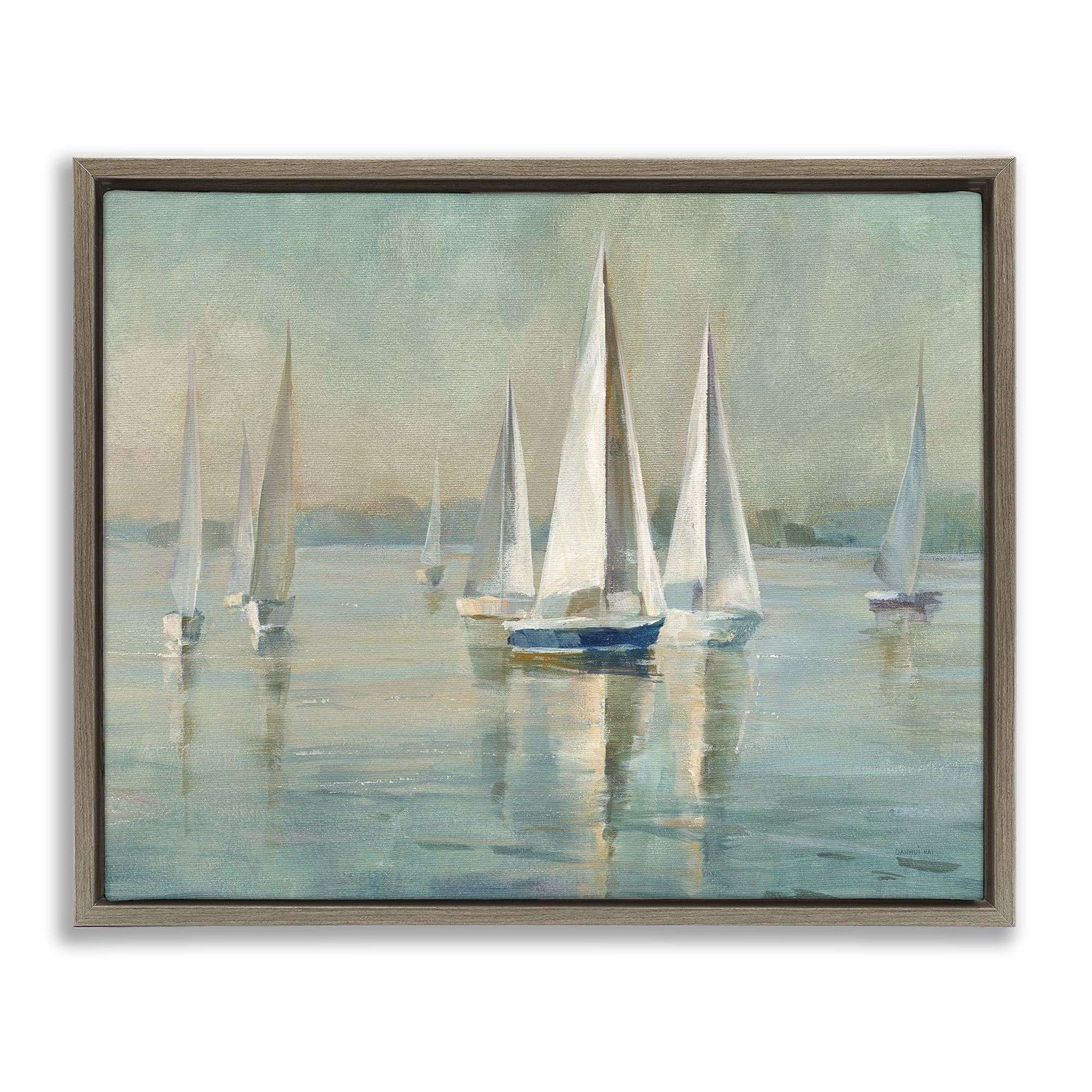 Stupell Industries Sailboats at Sunrise Nautical & Beach Painting Brown Floater Framed Canvas Art Print Wall Art, 31 x 25