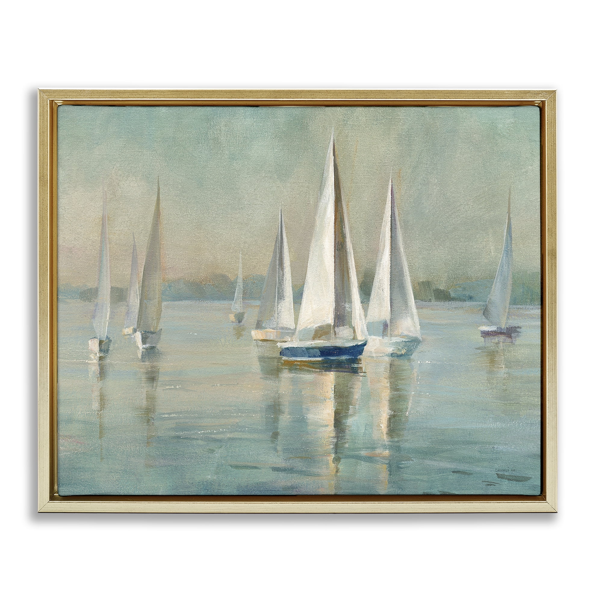 Stupell Industries Sailboats at Sunrise Nautical & Beach Painting Gold Floater Framed Canvas Art Print Wall Art, 21 x 17