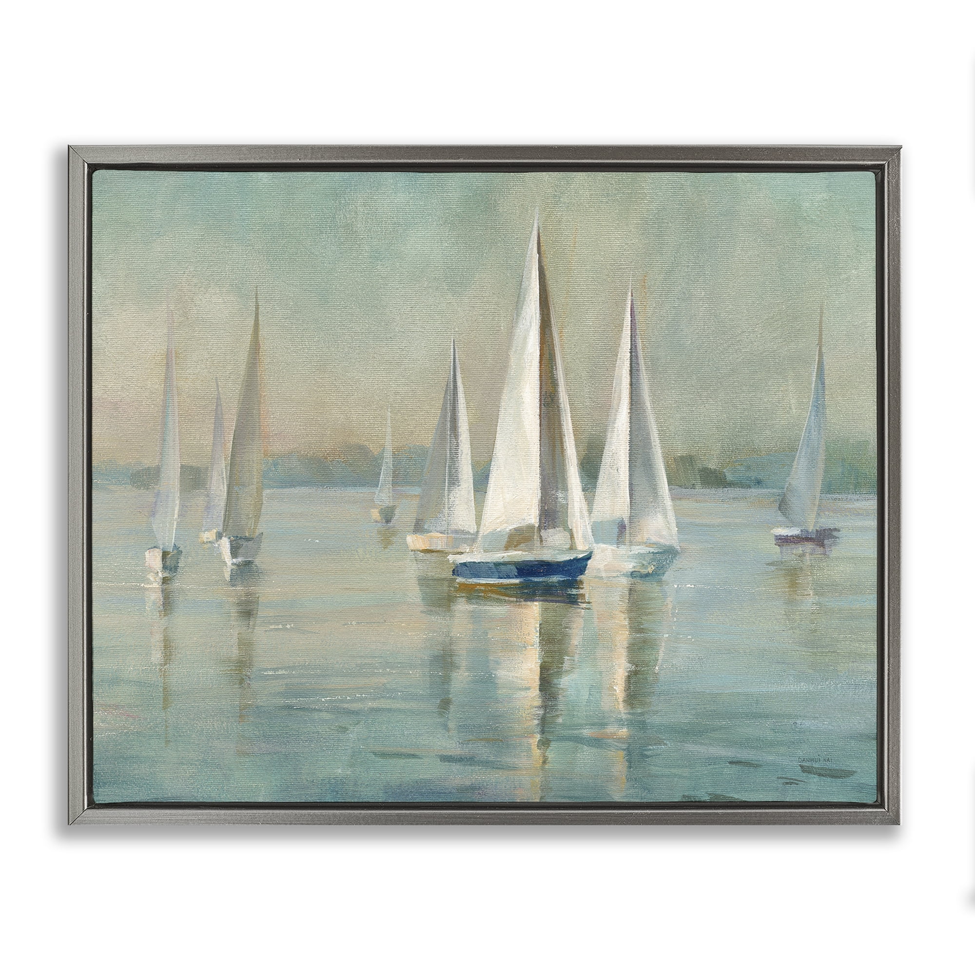Stupell Industries Sailboats at Sunrise Nautical & Beach Painting Gray Floater Framed Canvas Art Print Wall Art, 21 x 17