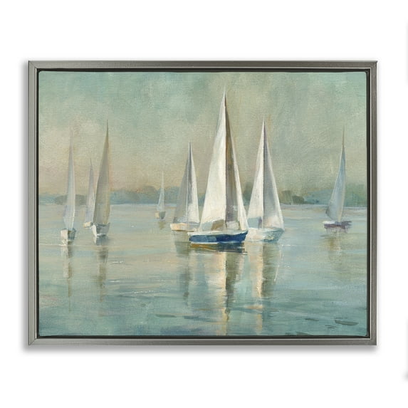 Stupell Industries Sailboats at Sunrise Nautical & Beach Painting Gray Floater Framed Canvas Art Print Wall Art, 31 x 25