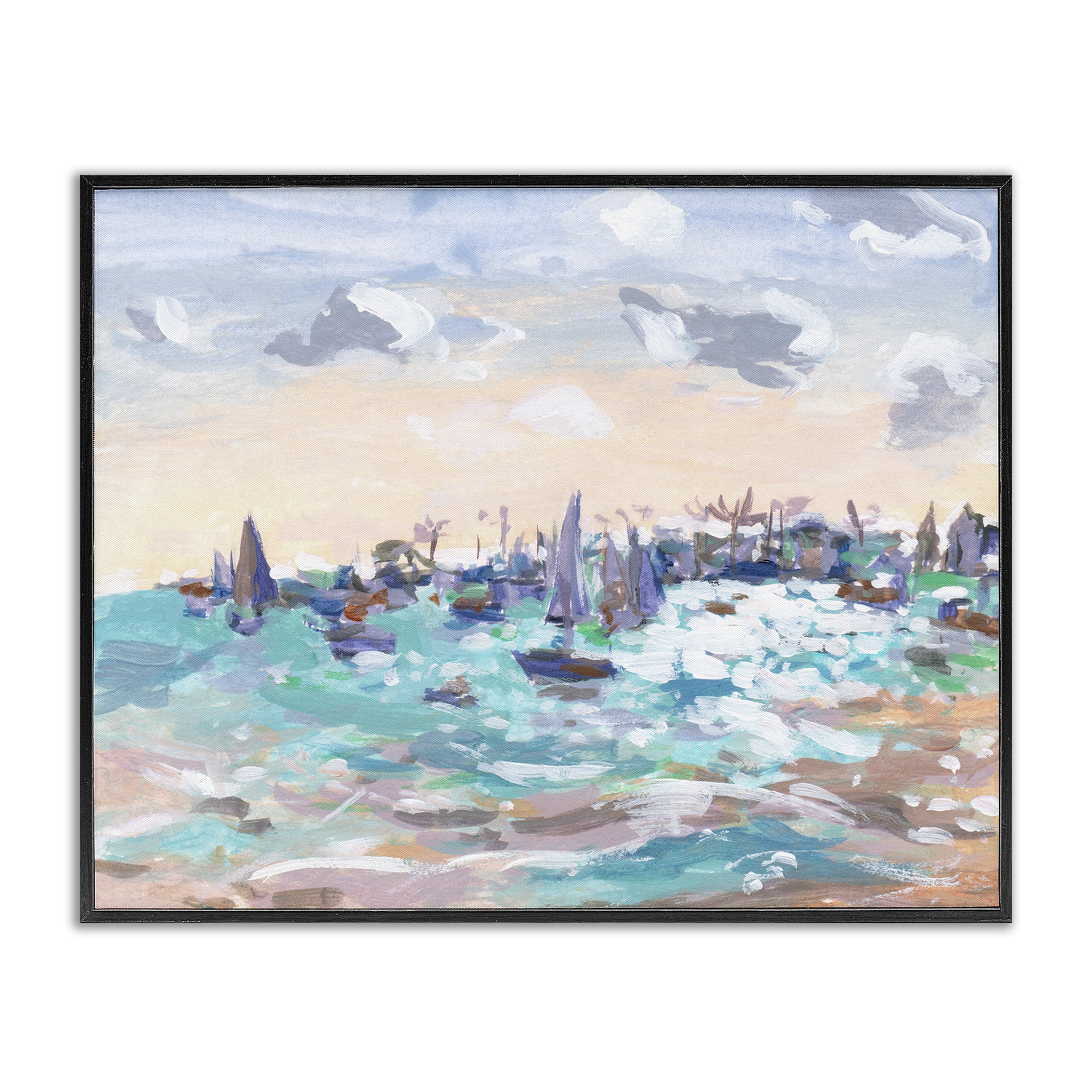 Stupell Industries Sailboats in Rushing Waves Nautical & Beach Painting Black Framed Art Print Wall Art, 30 x 24