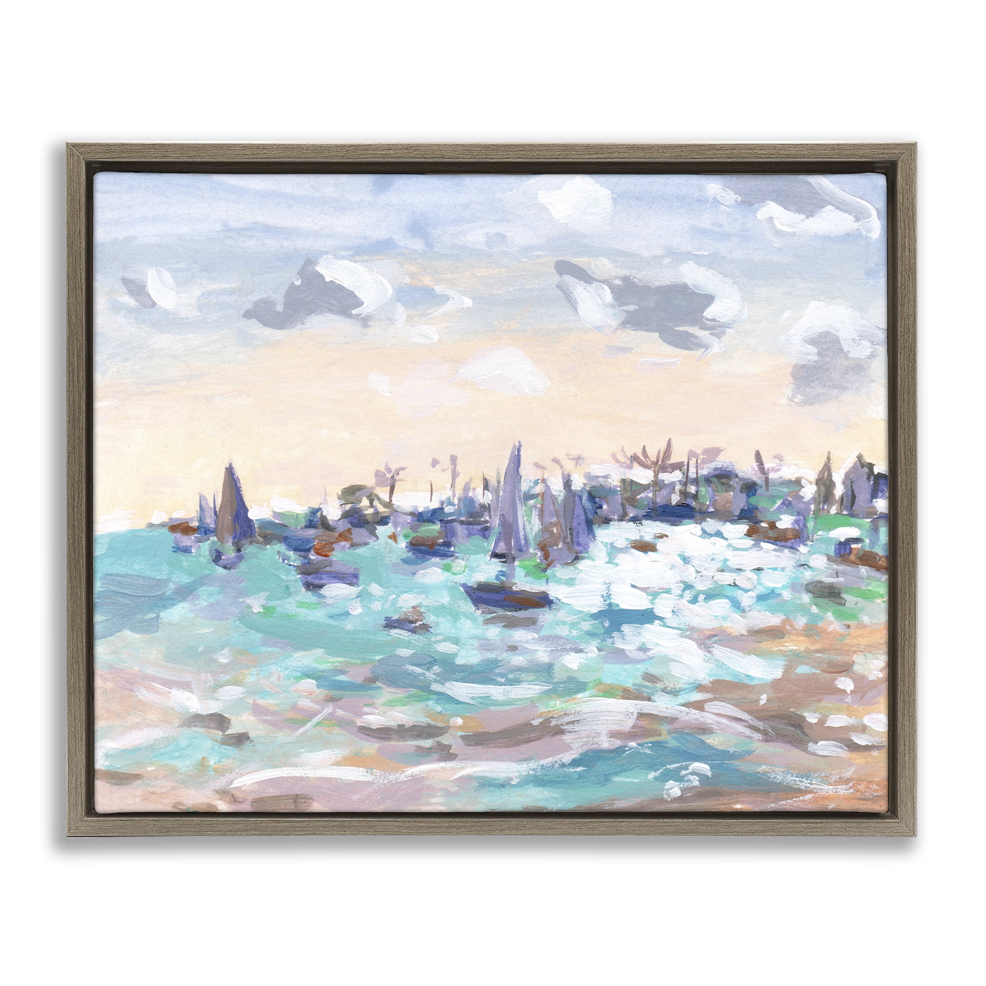 Stupell Industries Sailboats in Rushing Waves Nautical & Beach Painting Brown Floater Framed Canvas Art Print Wall Art, 31 x 25