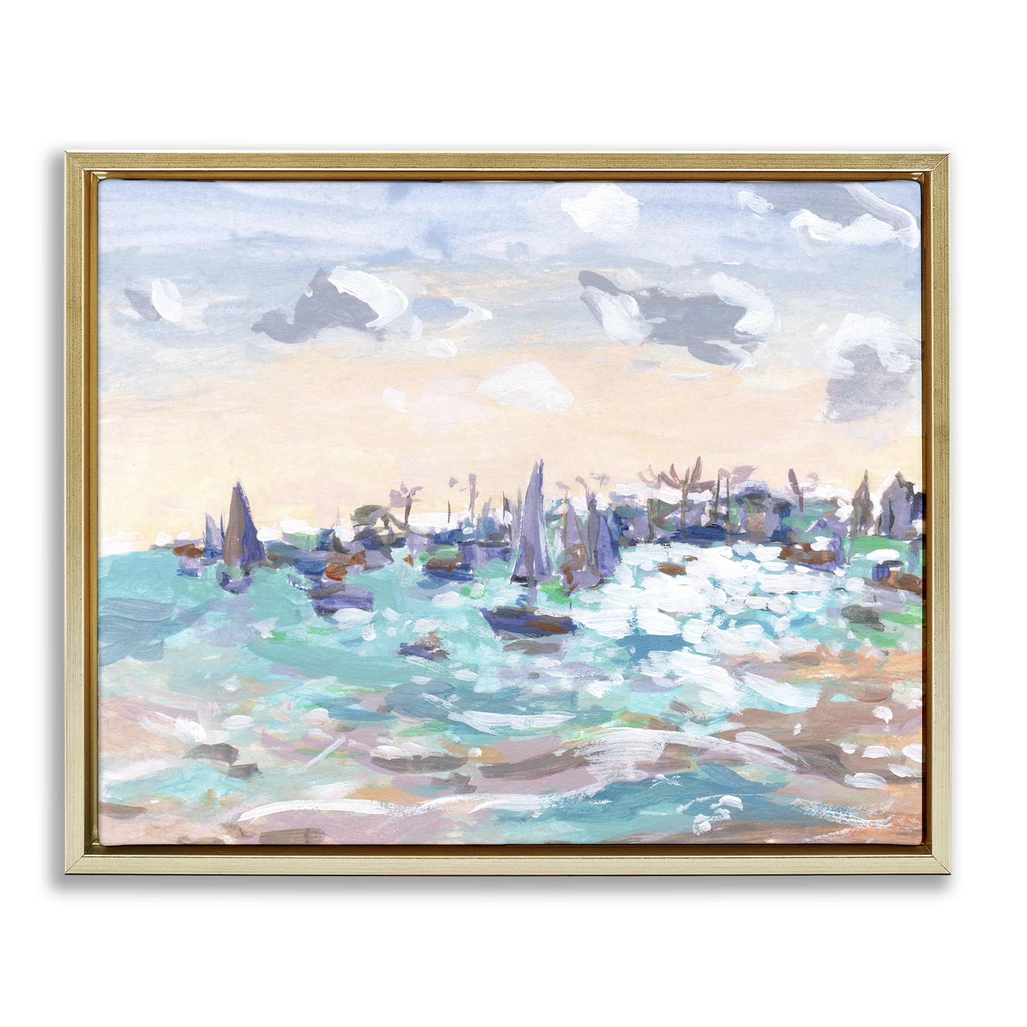 Stupell Industries Sailboats in Rushing Waves Nautical & Beach Painting Gold Floater Framed Canvas Art Print Wall Art, 21 x 17