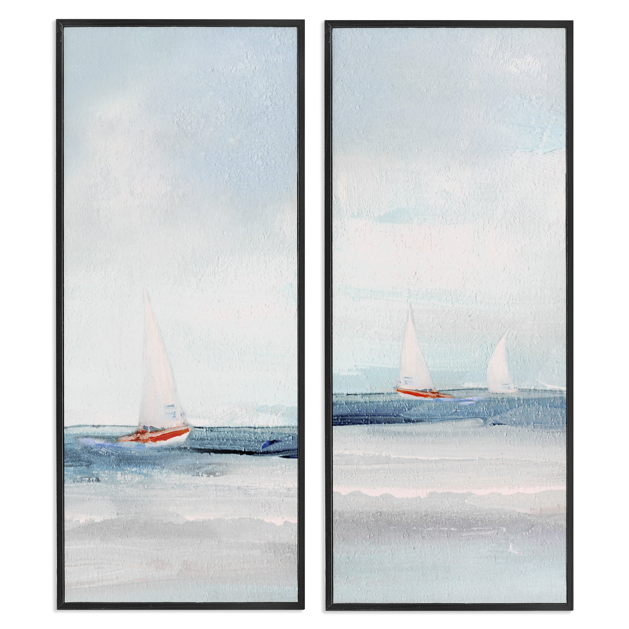 Stupell Industries Sailboats near Shoreline Nautical & Beach Painting Black Framed Art Print Wall Art, 13 x 30, Set of 2