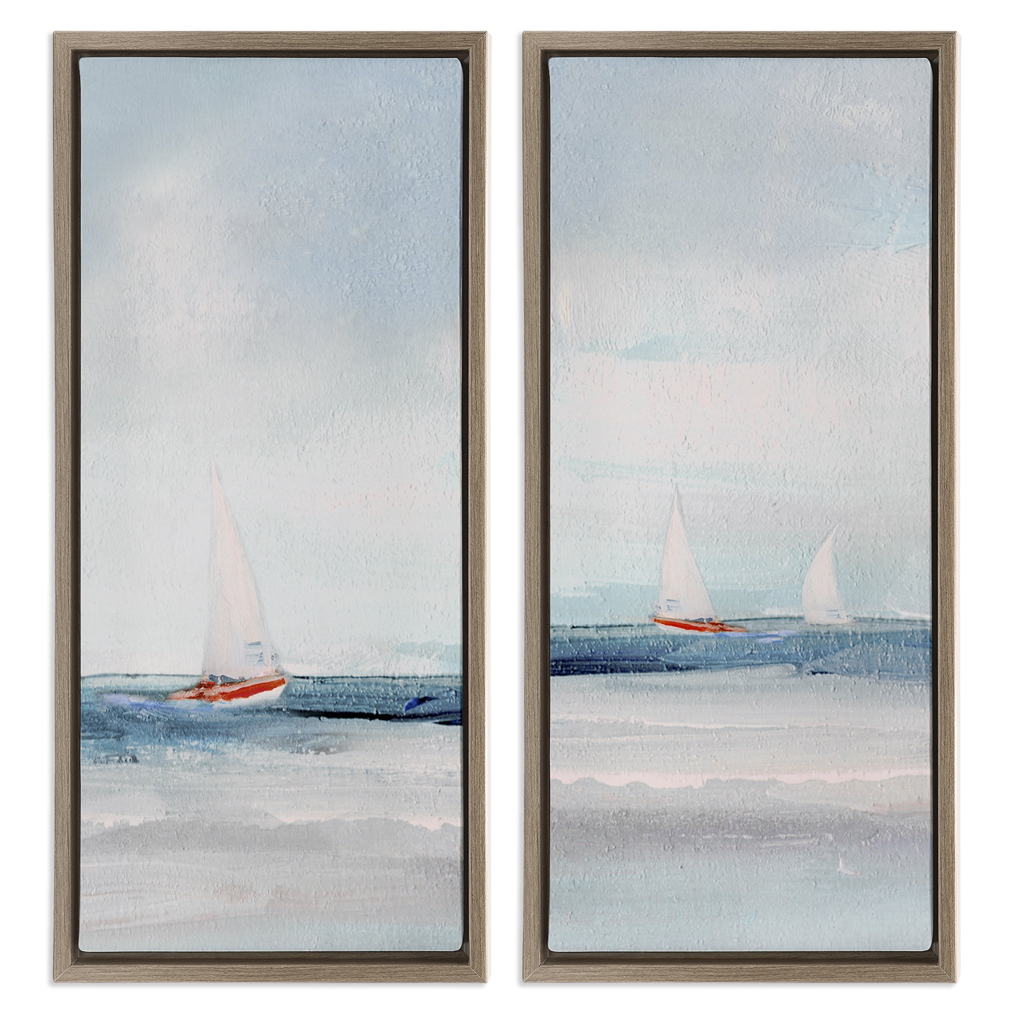 Stupell Industries Sailboats near Shoreline Nautical & Beach Painting Brown Floater Framed Canvas Art Print Wall Art, 11 x 25, Set of 2