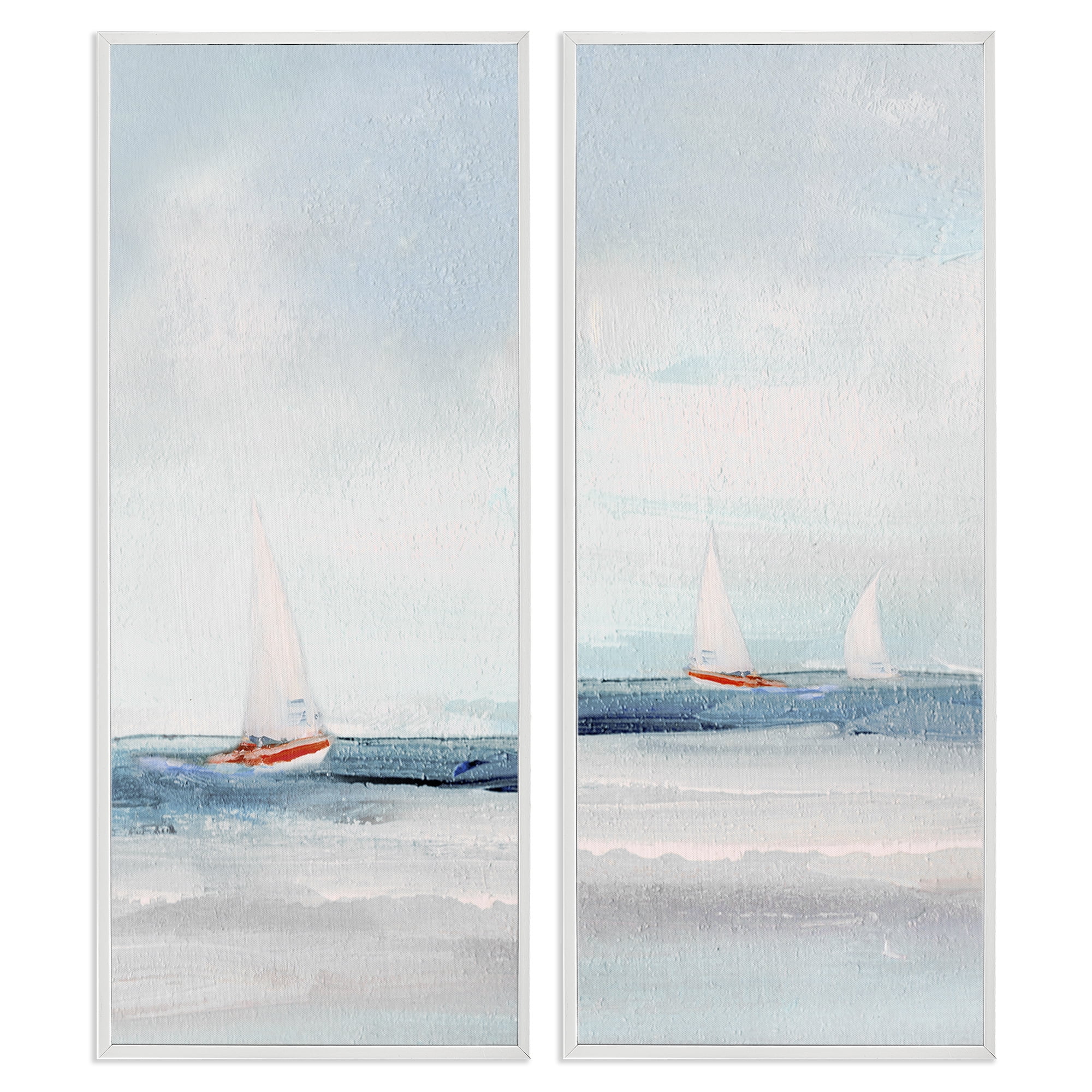 Stupell Industries Sailboats near Shoreline Nautical & Beach Painting White Framed Art Print Wall Art, 13 x 30, Set of 2