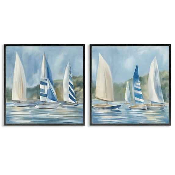 Stupell Industries Sailboats on Calm Water Nautical & Beach Painting Black Framed Art Print Wall Art, 17 x 17, Set of 2
