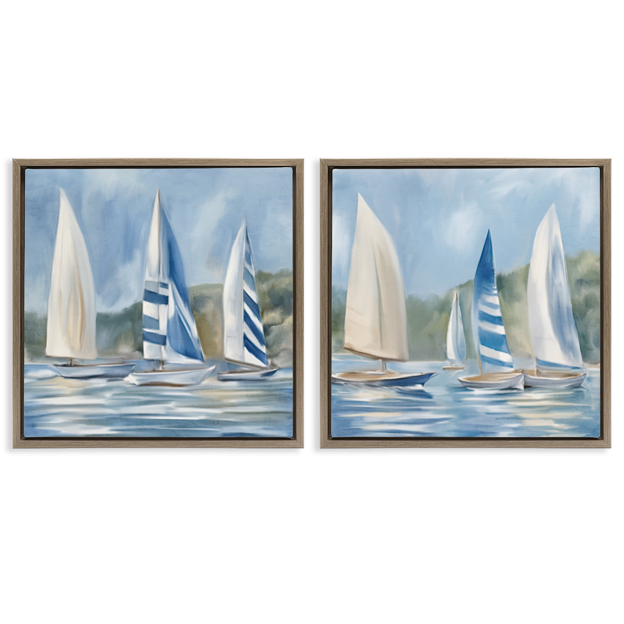 Stupell Industries Sailboats on Calm Water Nautical & Beach Painting Brown Floater Framed Canvas Art Print Wall Art, 25 x 25, Set of 2