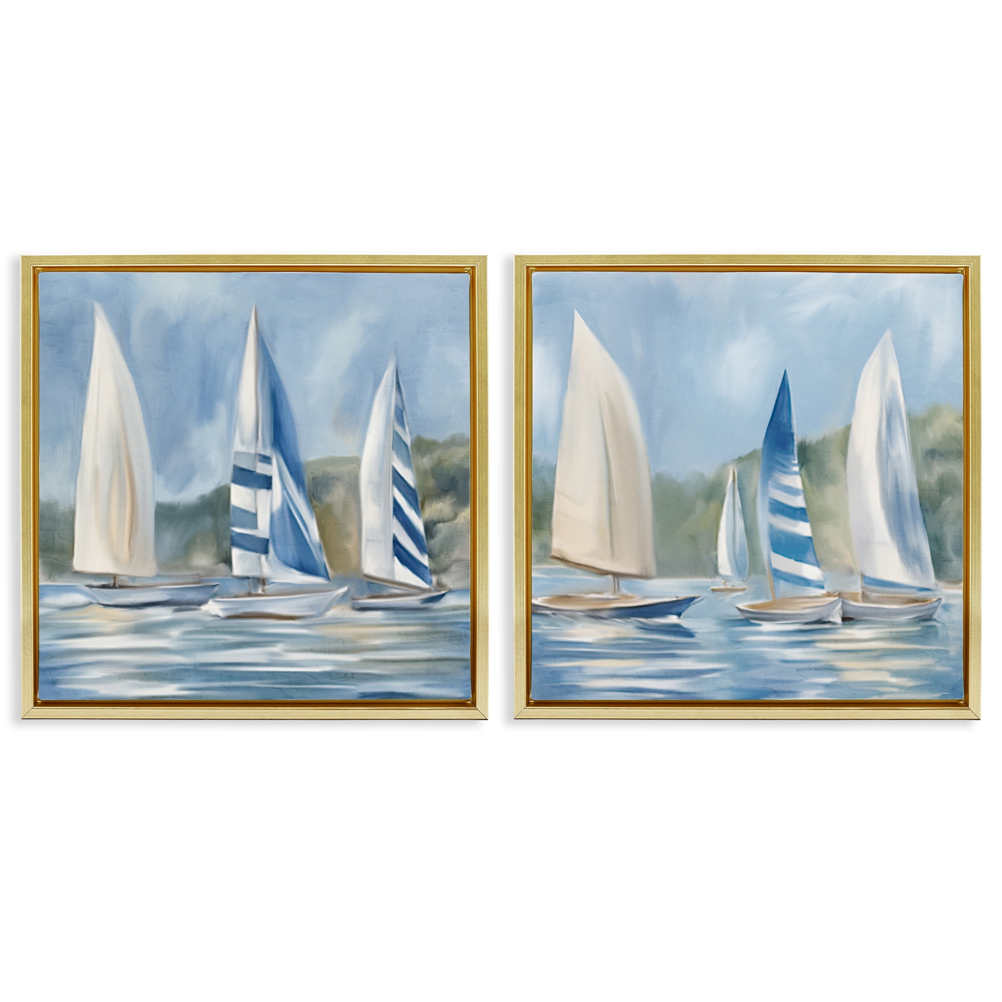 Stupell Industries Sailboats on Calm Water Nautical & Beach Painting Gold Floater Framed Canvas Art Print Wall Art, 18 x 18, Set of 2