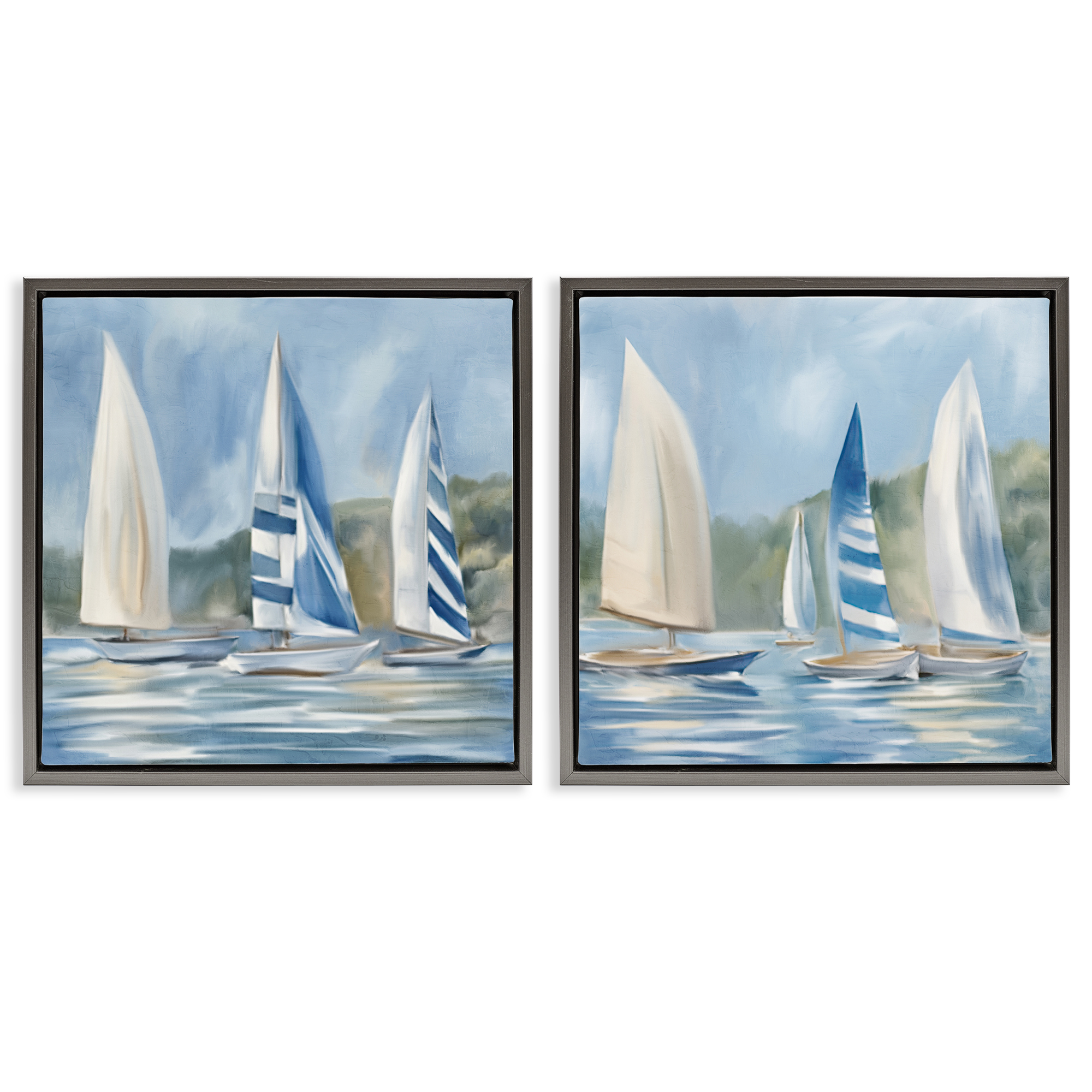 Stupell Industries Sailboats on Calm Water Nautical & Beach Painting Gray Floater Framed Canvas Art Print Wall Art, 18 x 18, Set of 2