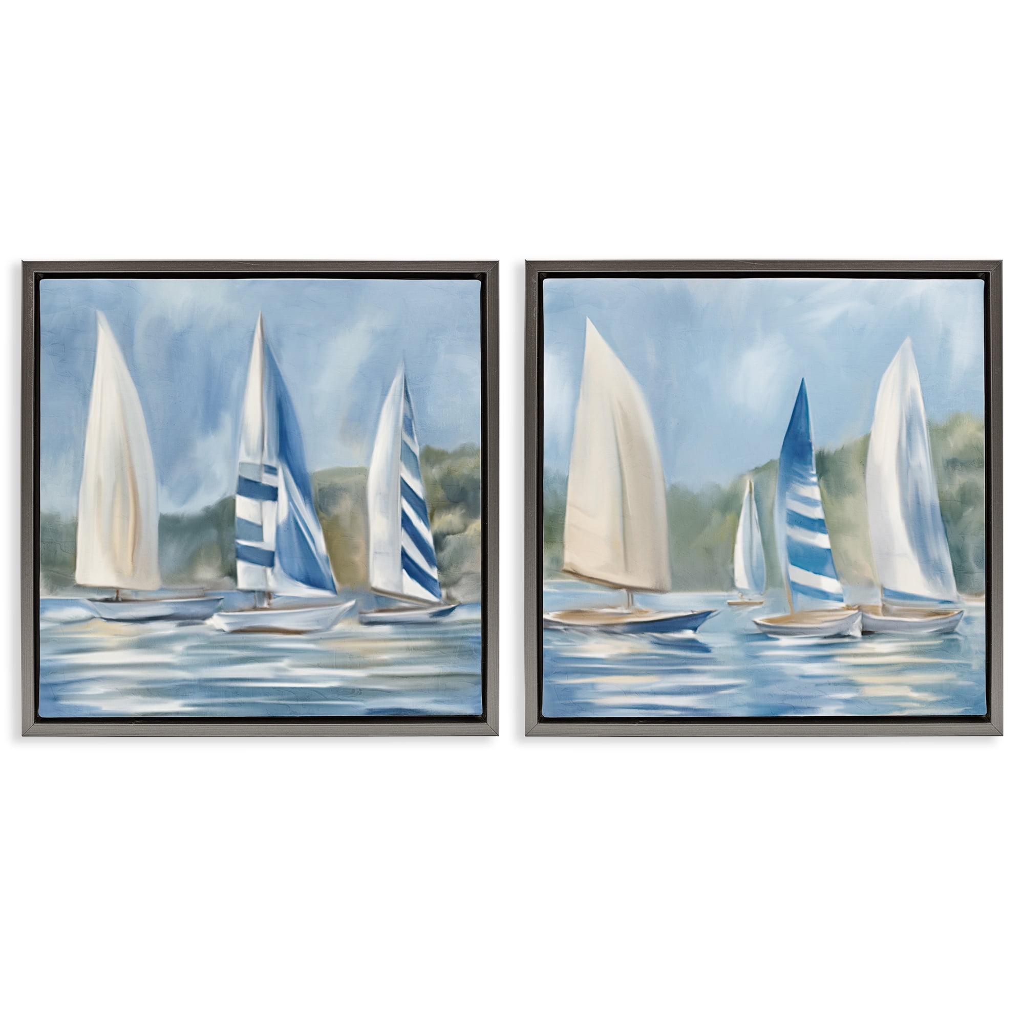 Stupell Industries Sailboats on Calm Water Nautical & Beach Painting Gray Floater Framed Canvas Art Print Wall Art, 25 x 25, Set of 2