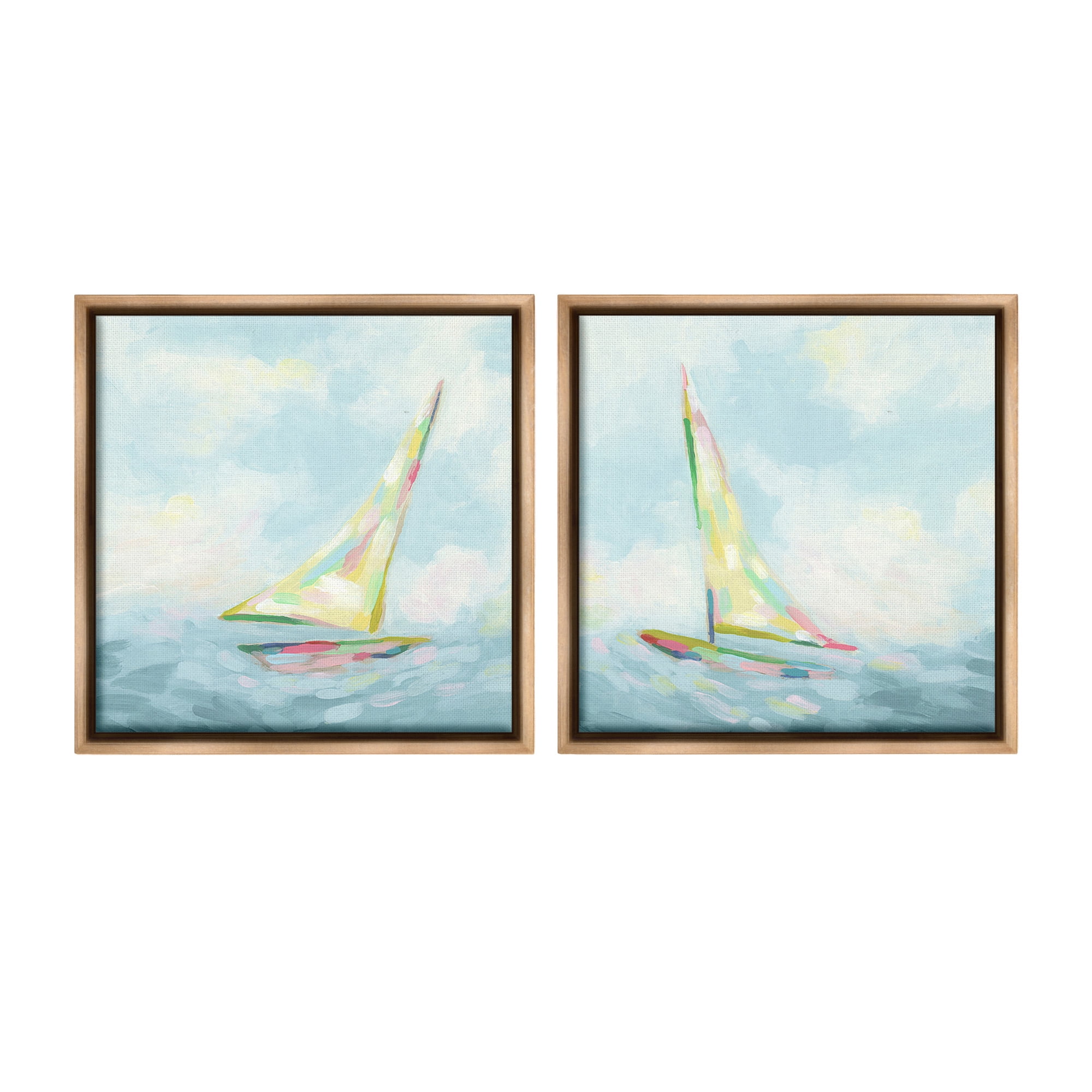 Stupell Industries Sailboats with Sea Waves Transportation Painting Brown Floater Framed Canvas Art Print Wall Art, 18 x 18, Set of 2