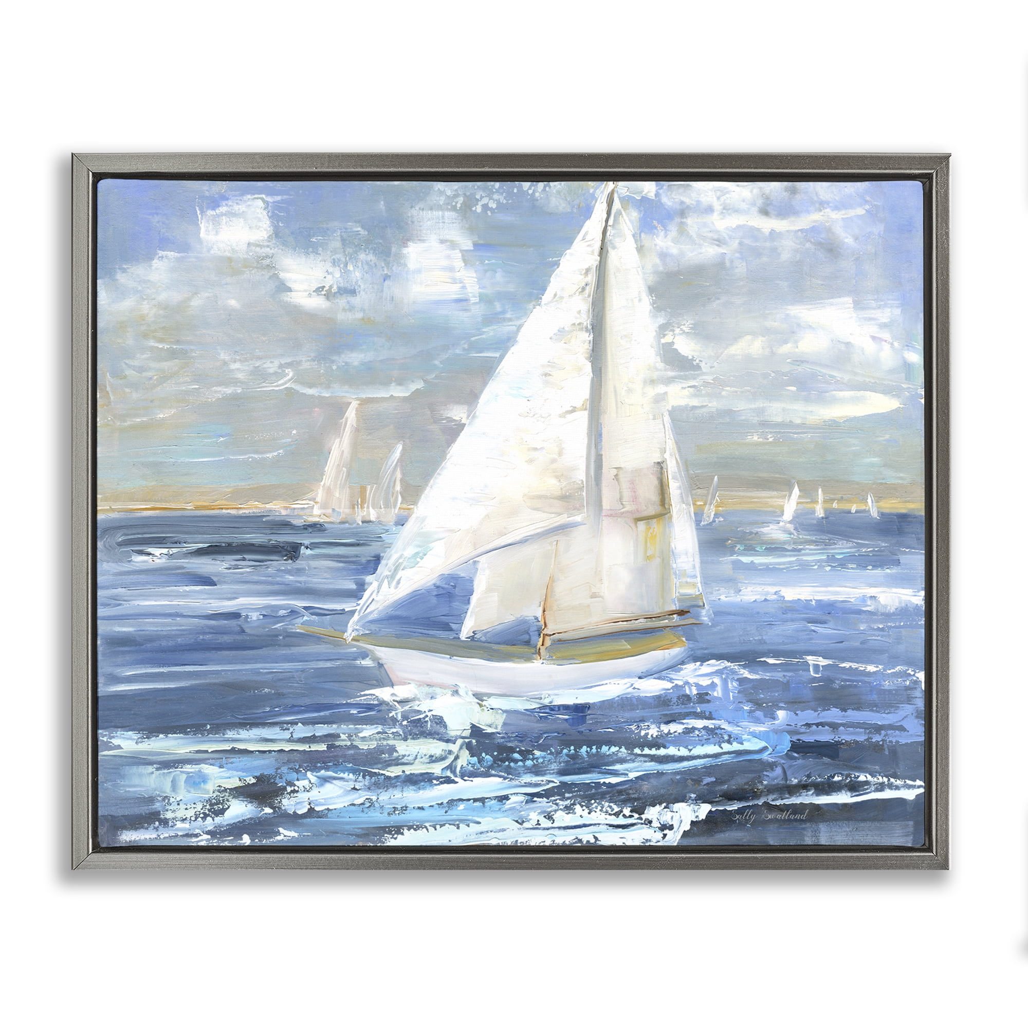 Stupell Industries Sailing Choppy Waves Nautical & Beach Painting Gray Floater Framed Canvas Art Print Wall Art, 21 x 17