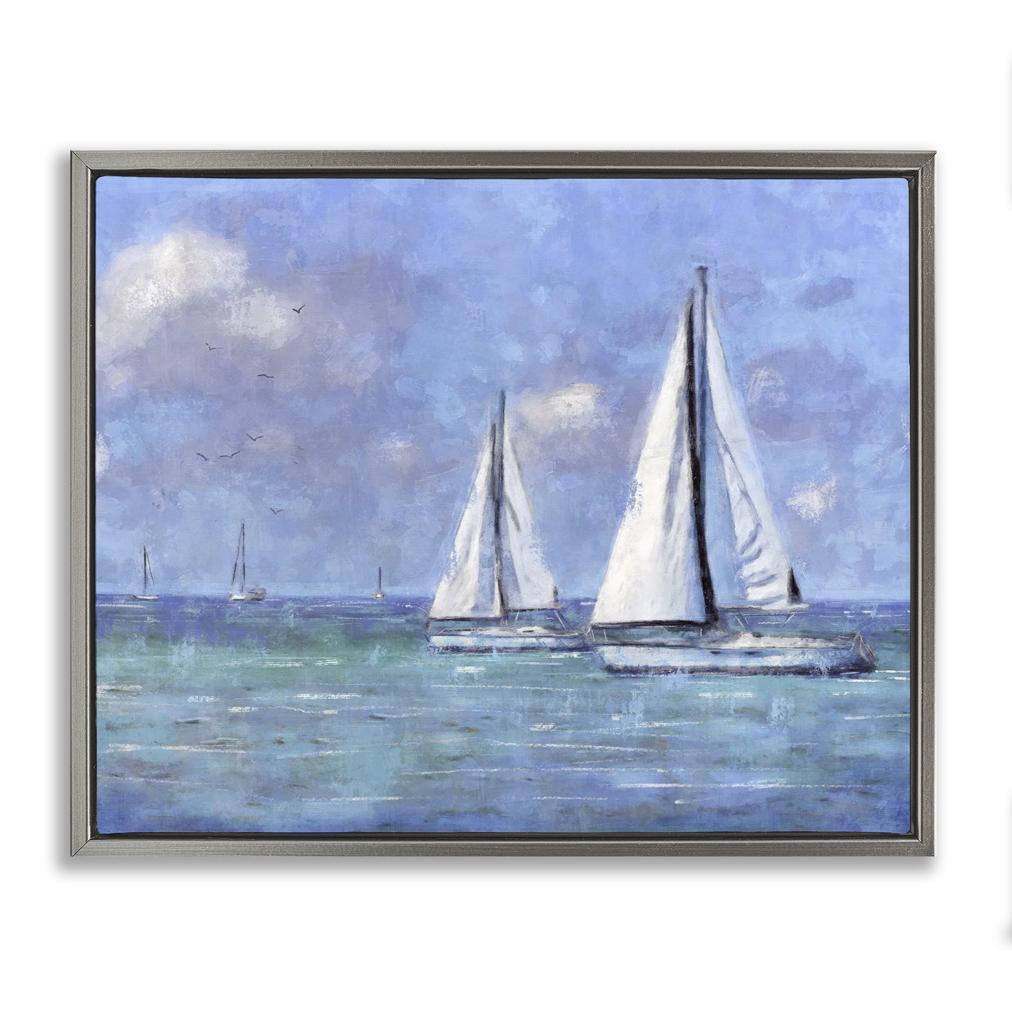 Stupell Industries Sailing Day Sailboats Landscape Painting Gray Floater Framed Canvas Art Print Wall Art, 31 x 25