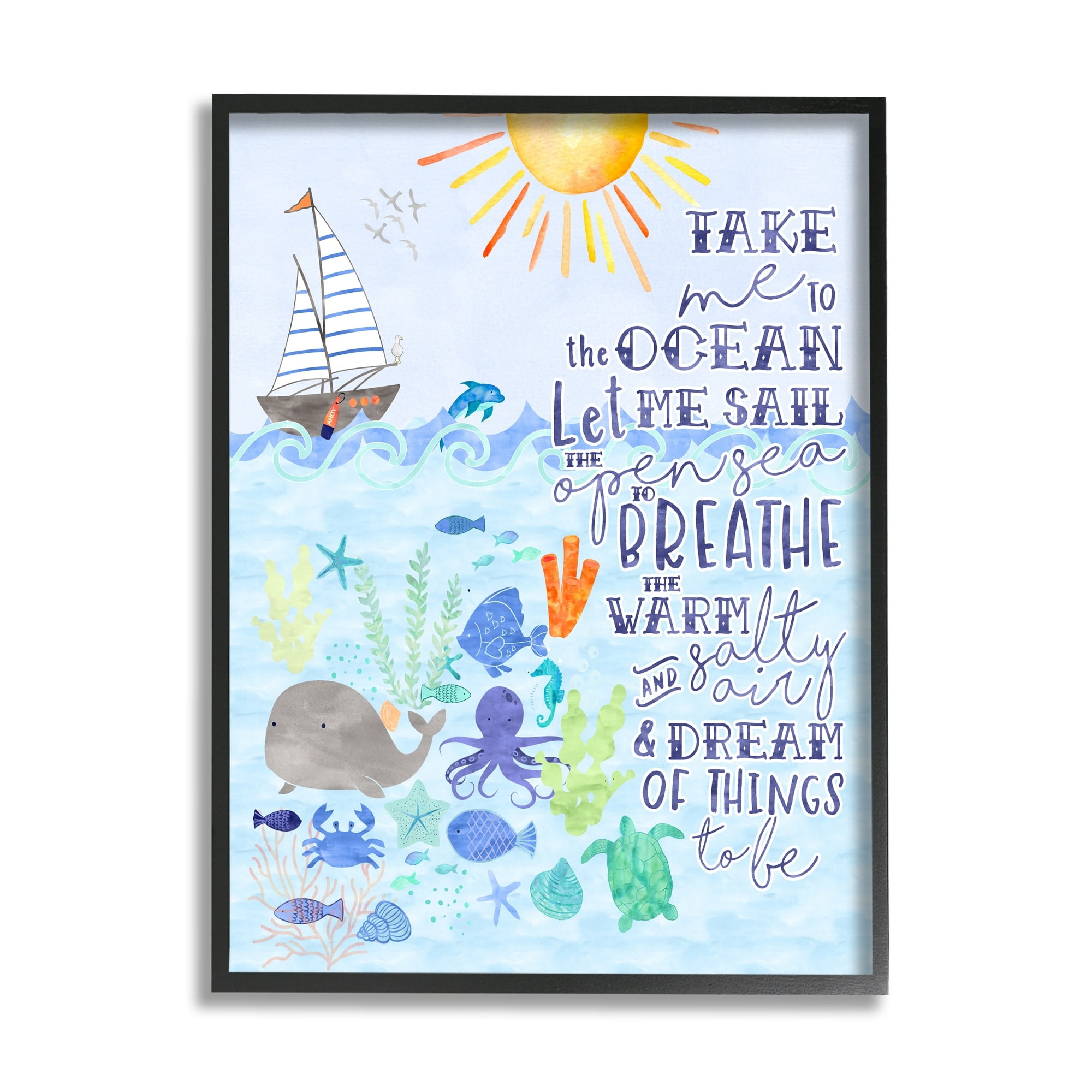 Stupell Industries Sailing Lover Nautical Quote Saying Sea Life Underwater Paintings Black Framed Art Print Wall Art, 11x14, by Erica Billups