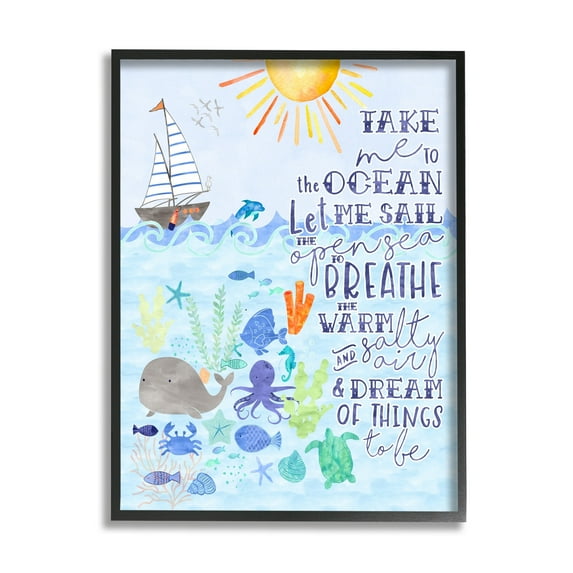 Stupell Industries Sailing Lover Nautical Quote Saying Sea Life Underwater Paintings Black Framed Art Print Wall Art, 16x20, by Erica Billups