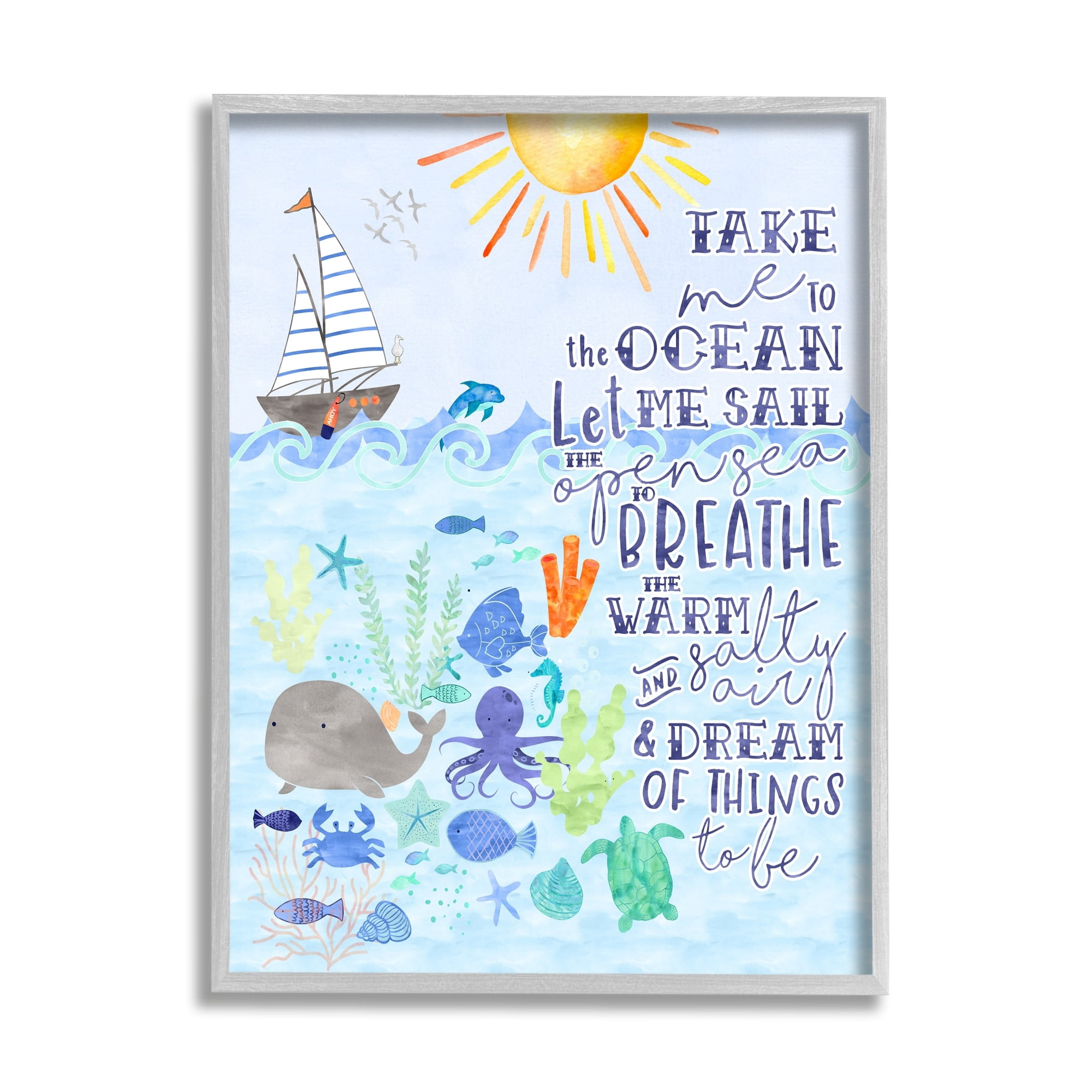 Stupell Industries Sailing Lover Nautical Quote Saying Sea Life Underwater Paintings Gray Framed Art Print Wall Art, 11x14, by Erica Billups