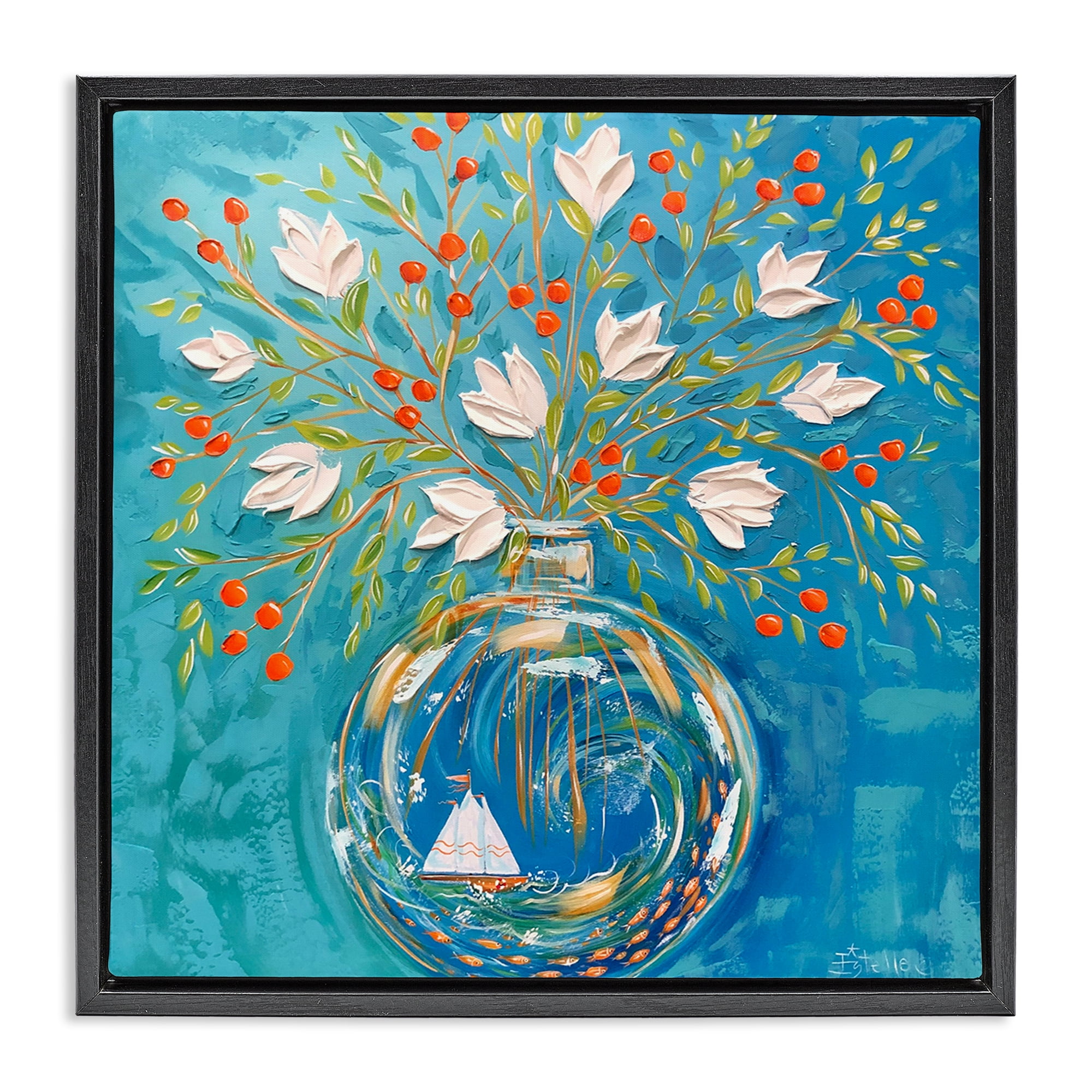 Stupell Industries Sailing Ship Flower Vase Plants & Flowers Painting Black Floater Framed Canvas Art Print Wall Art, 25 x 25