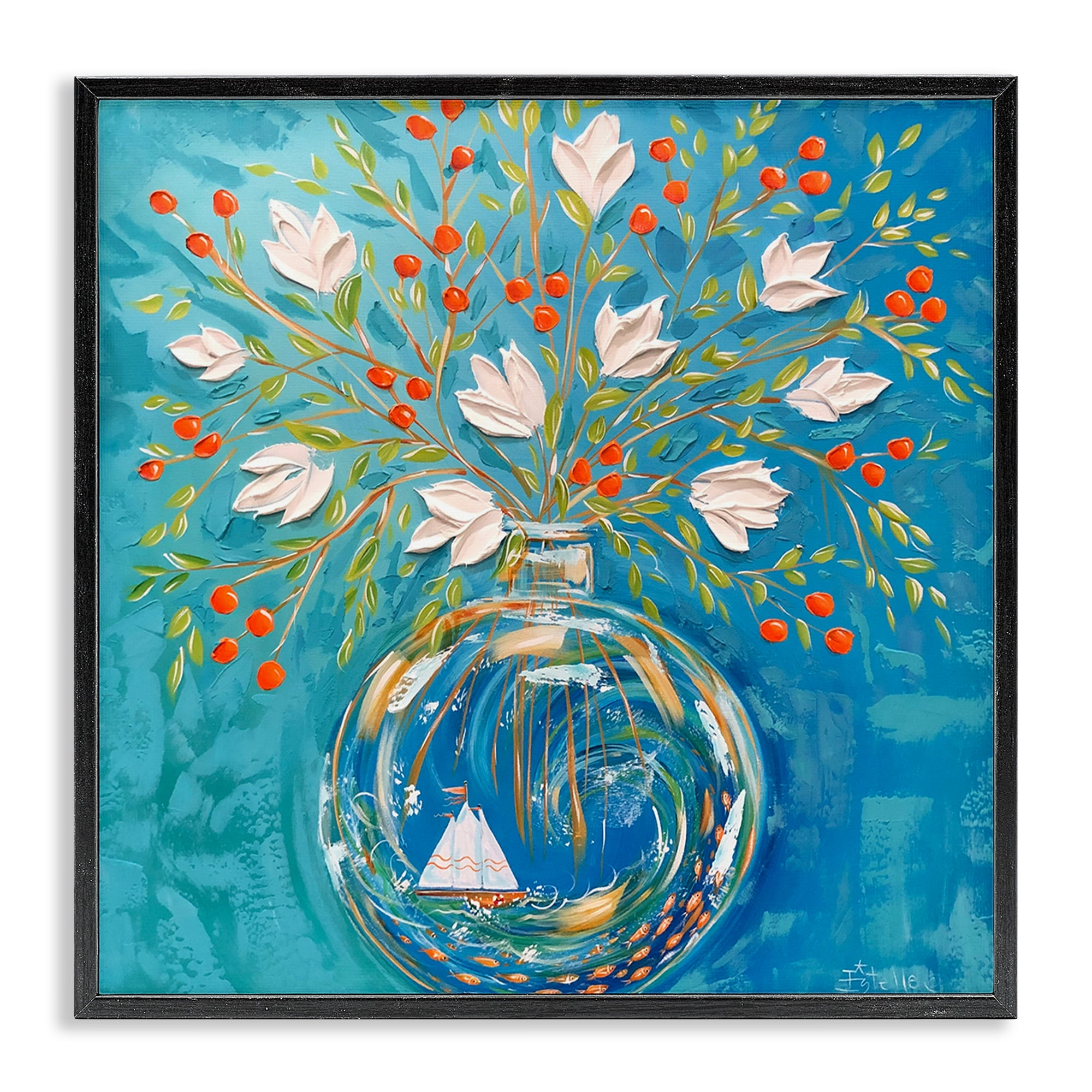Stupell Industries Sailing Ship Flower Vase Plants & Flowers Painting Black Framed Art Print Wall Art, 17 x 17