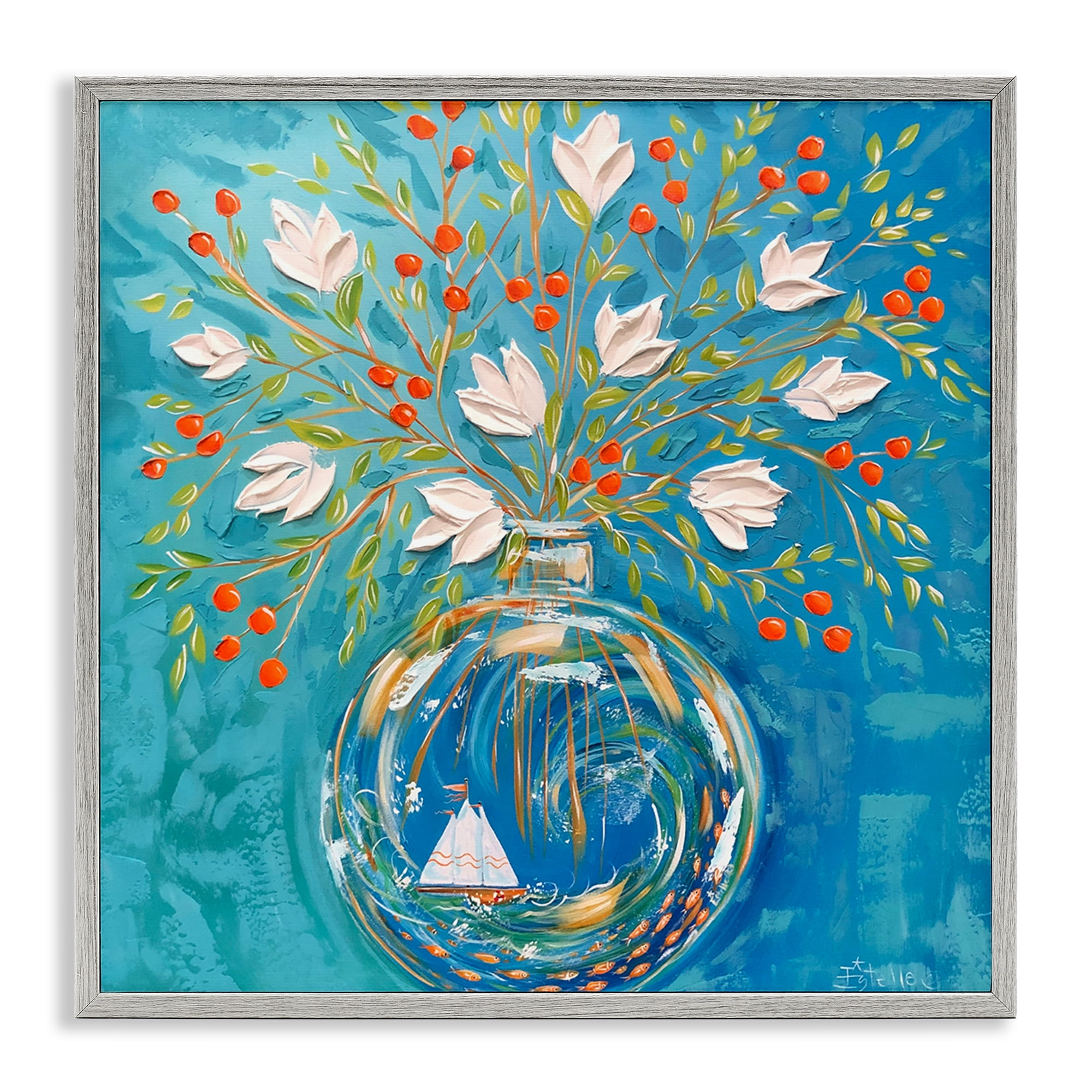 Stupell Industries Sailing Ship Flower Vase Plants & Flowers Painting Gray Framed Art Print Wall Art, 17 x 17