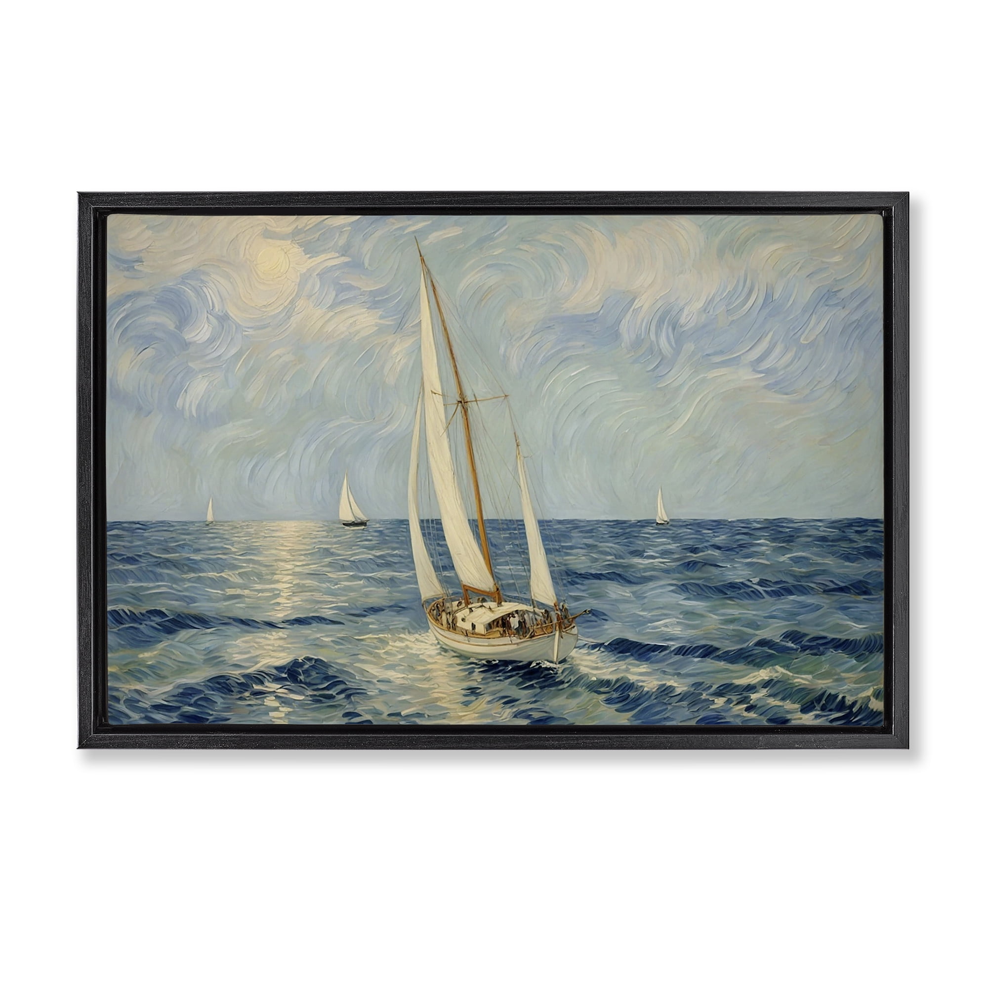 Stupell Industries Sailing Yacht on Blue Sea Black Framed Floater Canvas Wall Art, design by Angie Hawke