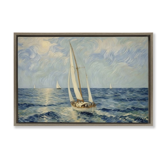 Stupell Industries Traditional Sailing Yacht on Blue Sea Brown Floating Frame Canvas Art, 31 x 21, by Angie Hawke