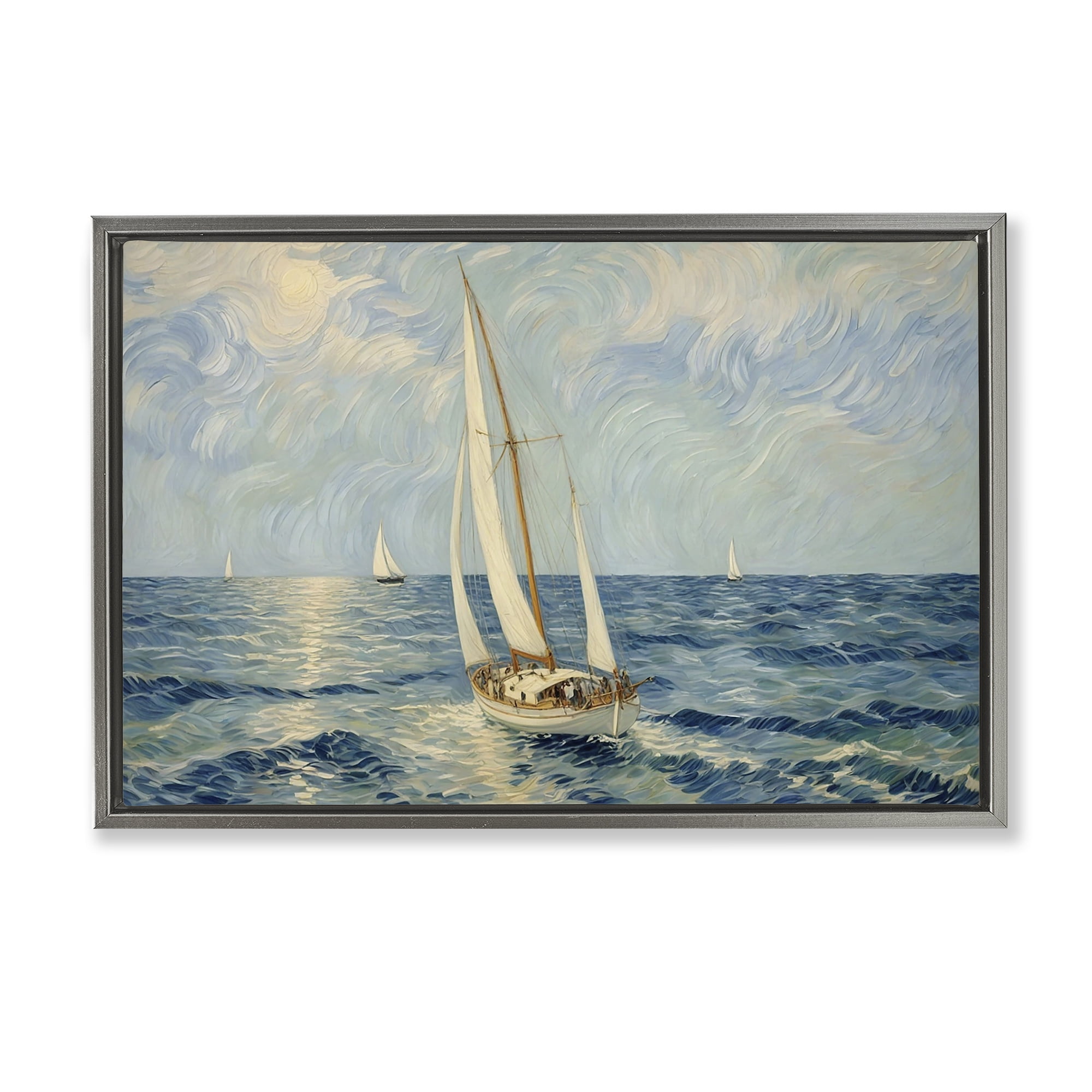 Stupell Industries Sailing Yacht on Blue Sea Gray Framed Floater Canvas Wall Art, design by Angie Hawke