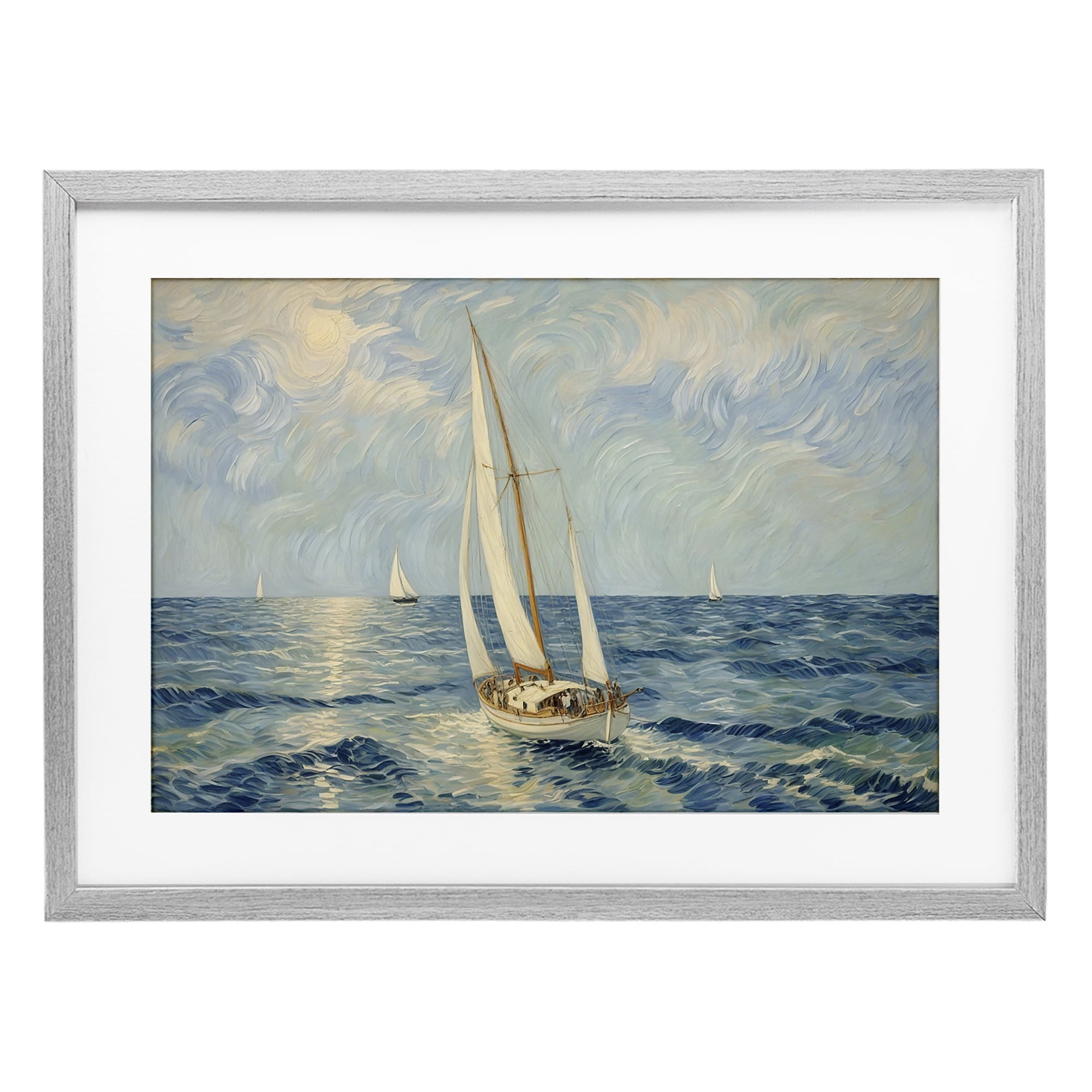 Stupell Industries Sailing Yacht on Blue Sea Gray Framed Print Under Glass, design by Angie Hawke