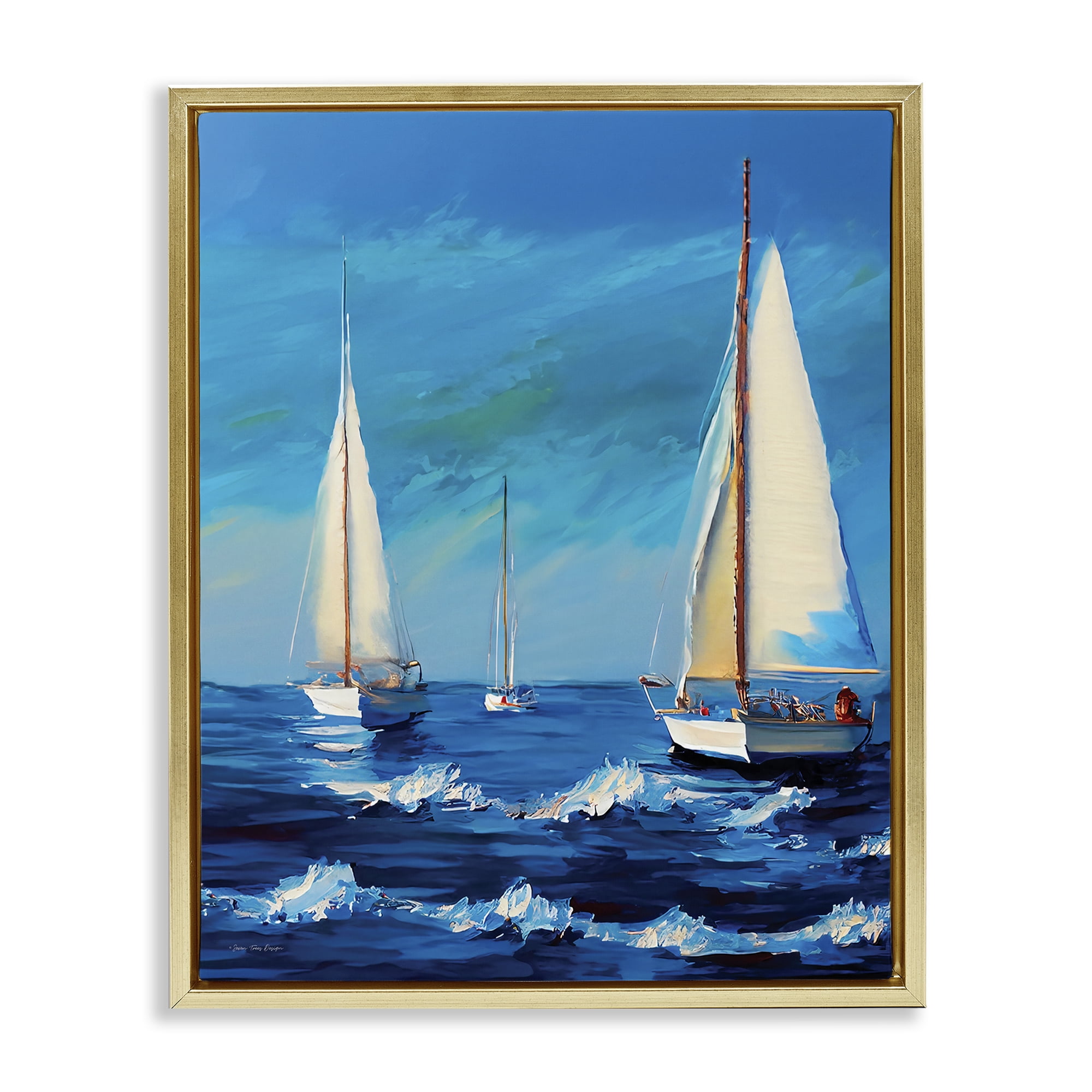 Stupell Industries Sailors on Ebbing Tide Nautical & Beach Painting Gold Floater Framed Canvas Art Print Wall Art, 17 x 21