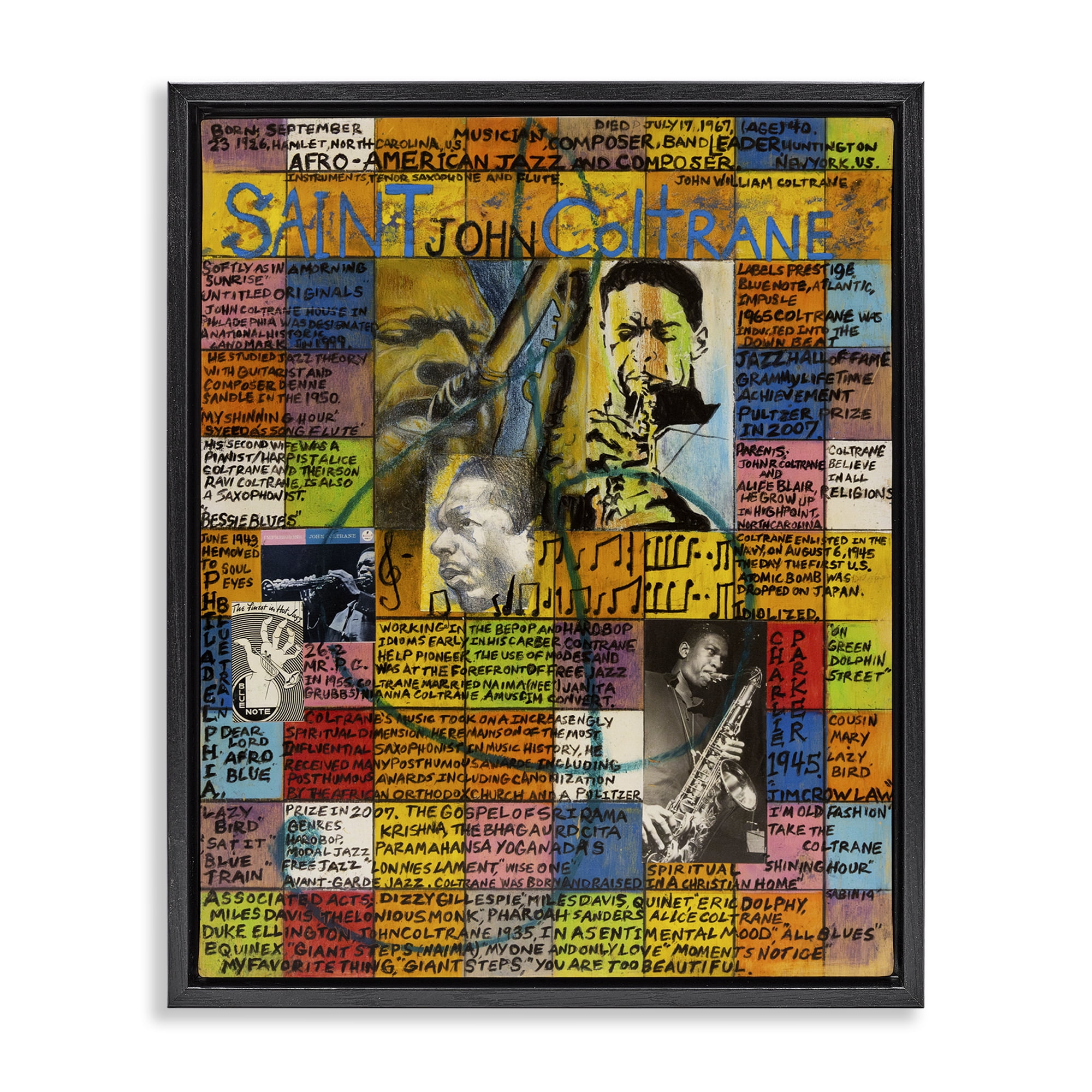 Stupell Industries Saint John Coltrane Collage People Drawing Black Floater Framed Canvas Art Print Wall Art, 25 x 31