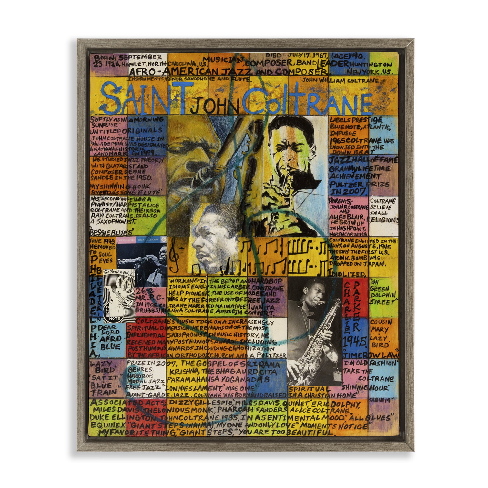 Stupell Industries Saint John Coltrane Collage People Drawing Brown Floater Framed Canvas Art Print Wall Art, 17 x 21