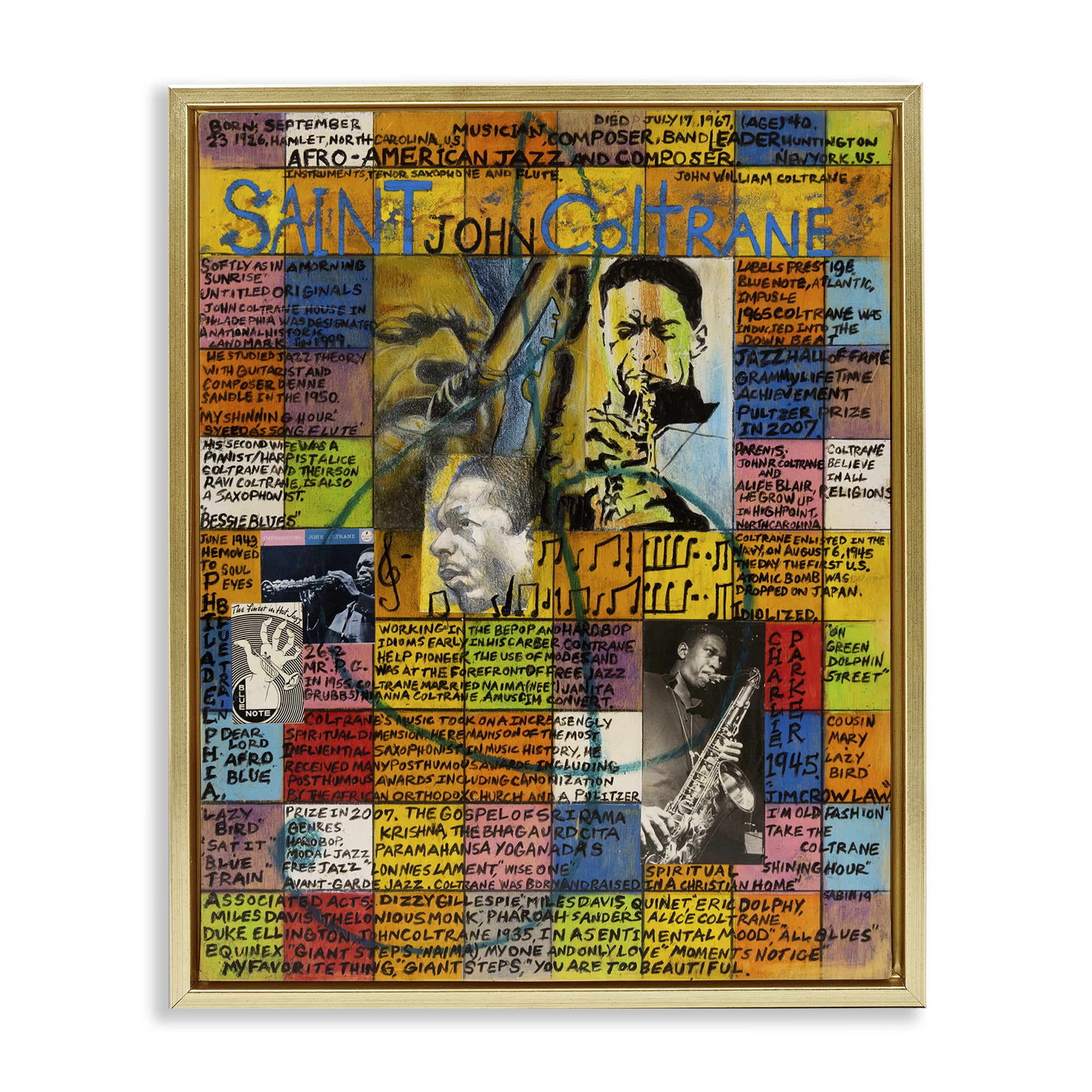 Stupell Industries Saint John Coltrane Collage People Drawing Gold Floater Framed Canvas Art Print Wall Art, 25 x 31